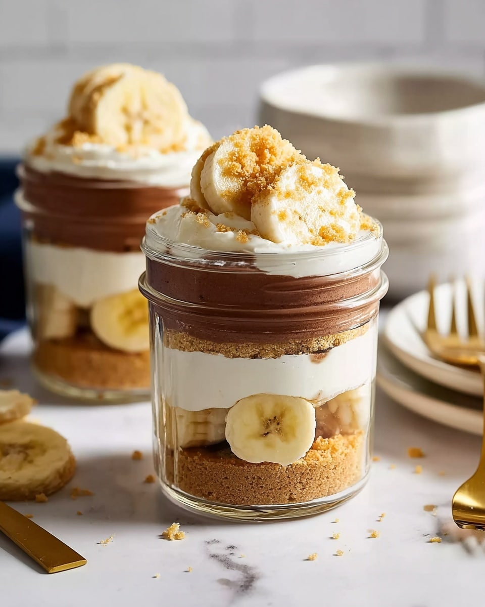 Two clear glass jars show a dessert with five layers. The bottom layer is crushed light brown crumbs. Above this is a thick white creamy layer, topped with a row of fresh light yellow banana slices against the glass. Next is a smooth, light brown mousse layer. Above that is another thick white creamy layer, topped with banana slices standing upright around the edge, and sprinkled with more crushed crumbs. The jars sit on a white marbled surface with a blurred blue cloth and golden cutlery in the background. Photo taken with an iphone --ar 4:5 --v 7