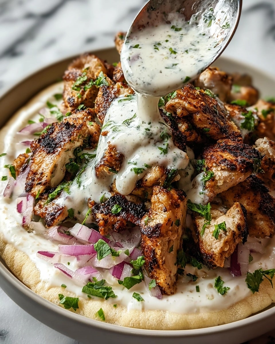 The dish is served in a white bowl filled with a creamy white sauce base that covers the bottom layer. On top of the sauce, finely chopped red onions and fresh green chopped herbs are scattered evenly. The main layer consists of grilled, charred chicken pieces, golden brown with a slightly crispy texture, piled in the center. A thick white sauce with green herbs is being poured over the chicken from above, adding a rich creamy texture that spreads over the meat. The whole dish rests against a white marbled texture background. Photo taken with an iphone --ar 4:5 --v 7