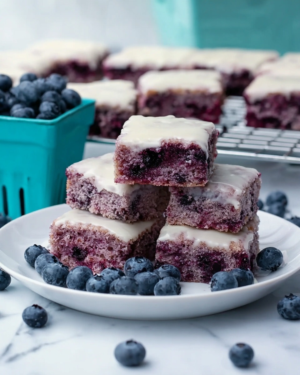 The image shows five square pieces of purple blueberry cake stacked on a white plate, with three pieces on the bottom and two pieces placed on top, one resting over the others. Each cake has a thick texture with visible blueberry bits inside and is topped with a smooth, white glaze layer. Around the plate are scattered fresh blueberries, and in the background, more pieces of the blueberry cake are cooling on a wire rack. There is also a turquoise container filled with blueberries in the background. The whole scene is set on a white marbled textured surface. photo taken with an iphone --ar 4:5 --v 7