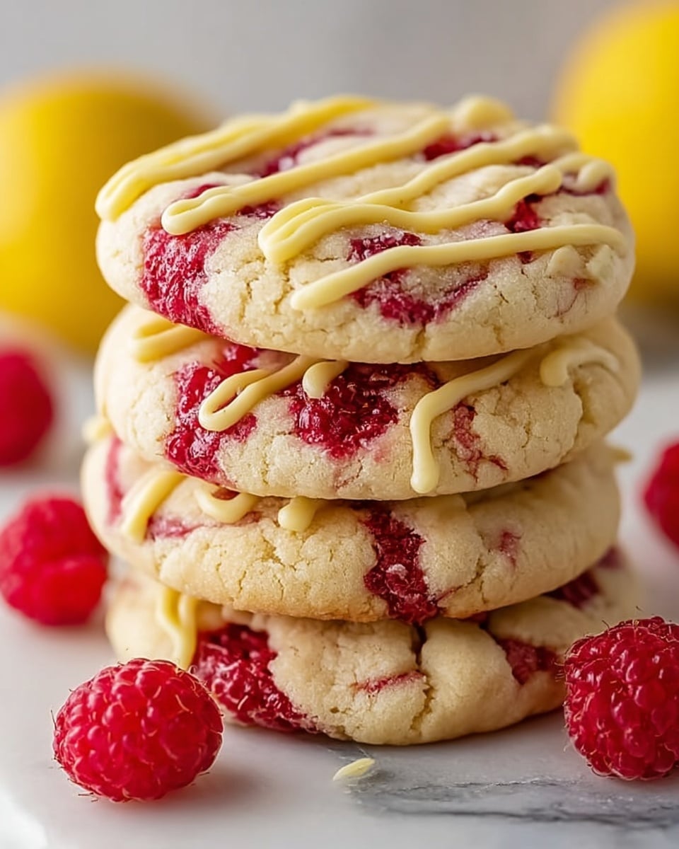 A stack of four thick cookies with a creamy, light beige base is shown, each cookie having bright red raspberry swirls embedded throughout, creating a marbled effect. On top of each cookie, pale yellow icing is drizzled in a zigzag pattern. The cookies are placed on a white marbled surface, and fresh, plump raspberries are scattered around the base of the stack. The overall texture of the cookies looks soft and chewy with slight cracks on the surface. Photo taken with an iphone --ar 4:5 --v 7