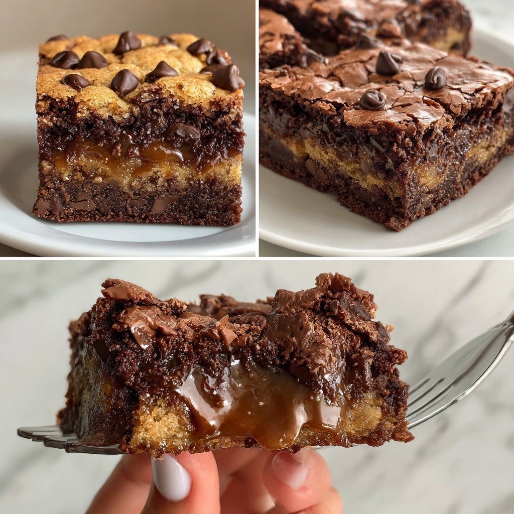 This image shows thick, gooey bars cut into squares. The bars have three visible layers: a golden-brown cookie dough top layer with small chocolate chips and a slightly crispy texture, a middle layer of melted caramel that looks sticky and shiny, and a bottom layer of melted dark chocolate that is dense and rich. The bars are placed on a white plate with some crumbs scattered around and a piece being held up by a fork, showing the gooey inside. The background is a white marbled texture. Photo taken with an iphone --ar 4:5 --v 7