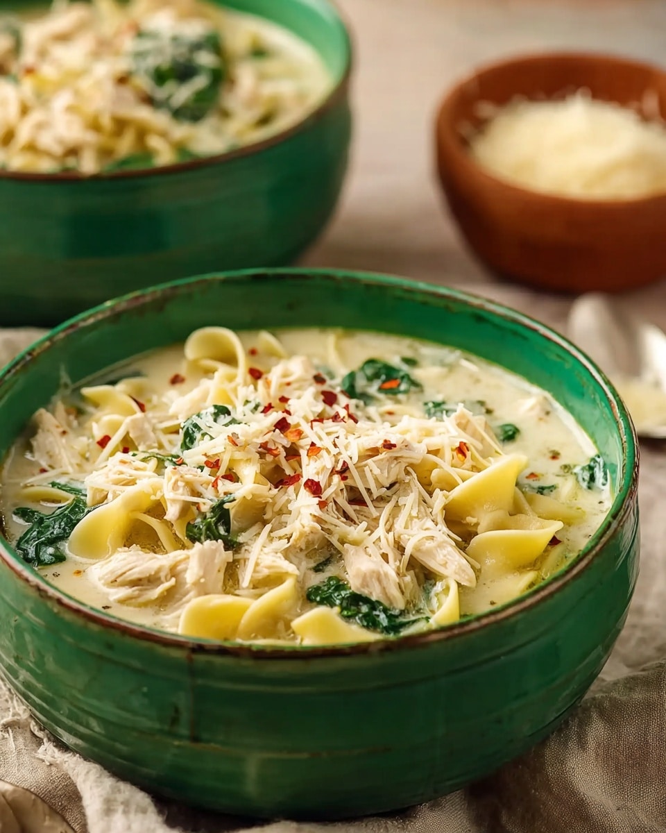 In a close-up view, there are two large white bowls filled with a creamy soup made of several layers visible: the creamy white broth with small green spinach leaves, soft shredded chicken pieces, and yellowish shell pasta. The top layer is sprinkled with grated cheese and some red pepper flakes, adding a bit of texture and color contrast. The bowls sit on a soft beige cloth over a white marbled surface. In the background, a small brown bowl of grated cheese is slightly blurred, enhancing the focus on the soup. photo taken with an iphone --ar 4:5 --v 7