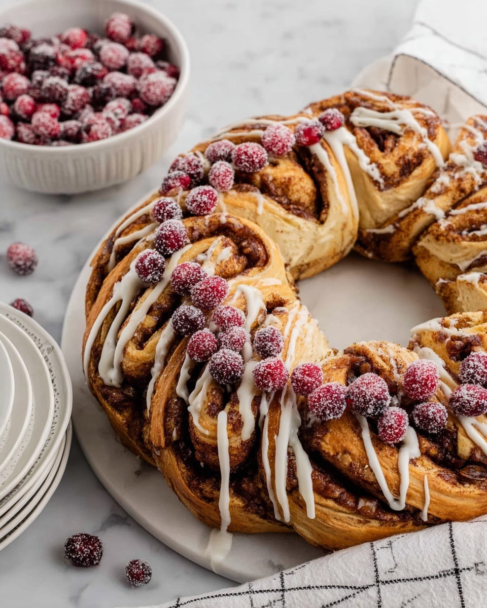 A circular arrangement of cinnamon rolls each showing at least two visible layers: a golden-brown outer layer and a darker cinnamon filling layer spiraled inside. The rolls are drizzled with white icing over the top layers in thin stripes. Frosted red cranberries are scattered on top of the cinnamon rolls and around the white marbled surface where they sit. To the upper right, there is a white bowl filled with more frosted cranberries stacked on white plates. Part of a checked fabric is visible at the bottom right corner. photo taken with an iphone --ar 4:5 --v 7
