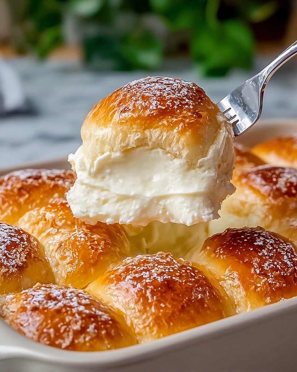 A close-up of a white rectangular baking dish filled with soft, golden brown baked rolls, each topped with a lightly browned, shiny crust with a few sugar crystals scattered on top. One roll is lifted with a silver fork, showing its fluffy texture and creamy white inside with multiple layers of soft dough and creamy filling. The background shows a blurred white marbled surface with a white pot of green plants. photo taken with an iphone --ar 4:5 --v 7