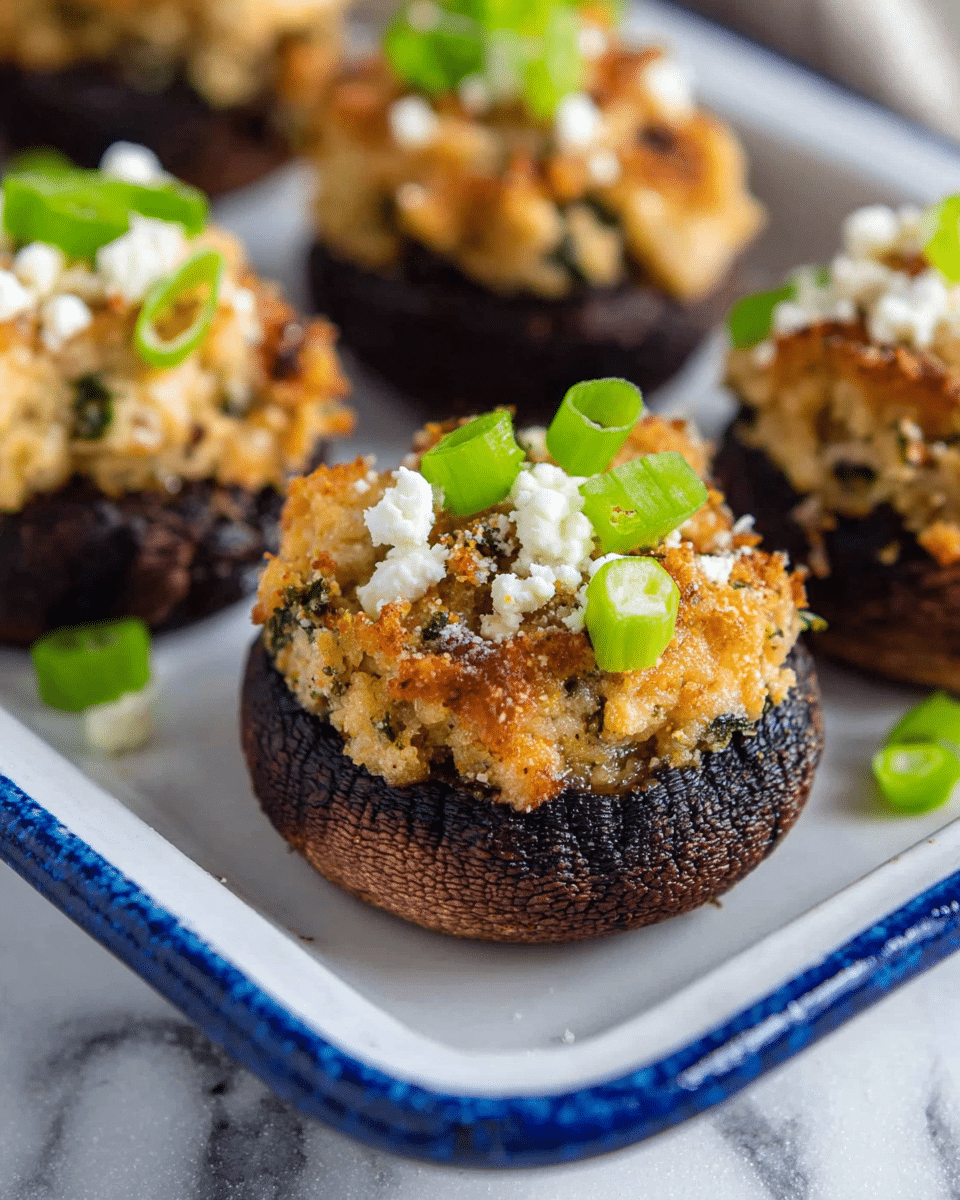 The image shows stuffed mushrooms with three clear layers. The bottom layer is a dark brown mushroom cap with a slightly rough texture. The middle layer is a light golden-brown, crumbly stuffing mixture that is thick, slightly uneven, and dotted with small bits of herbs and vegetables. The top layer consists of white crumbled cheese sprinkled with thin, bright green slices of green onion. These stuffed mushrooms sit inside a white tray with a thick blue rim, placed on a white marbled surface. Photo taken with an iphone --ar 4:5 --v 7
