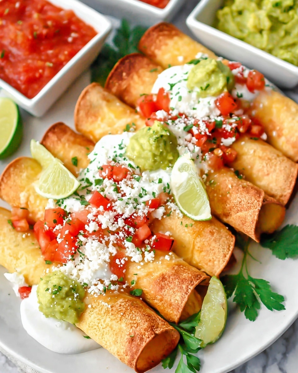 A white plate with six rolled golden-brown taquitos lined up side by side, each topped with small dollops of green guacamole, white sour cream, and scattered crumbled white cheese. Red diced tomatoes and chopped green herbs are sprinkled over the taquitos, adding bright color. Two lime wedges sit on the plate edge, and some fresh parsley leaves are placed underneath the taquitos. In the background, there are two white square dishes filled with red tomato salsa and green guacamole, all set on a white marbled surface. photo taken with an iphone --ar 4:5 --v 7