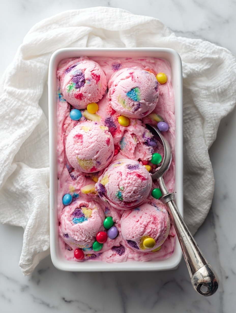 The image shows a white rectangular container filled with multiple scoops of pink ice cream mixed with colorful candy pieces in blue, green, yellow, red, purple, and pink colors; the ice cream looks creamy and slightly melted around the edges. Visible as the top layer are about five uneven, rounded scoops piled closely together, with candy pieces embedded throughout. A silver ice cream scoop with a short handle rests on the right side of the container, partly inside the dessert. The container sits on a soft white cloth draped over a white marbled surface, creating a calm and clean background. Photo taken with an iphone --ar 4:5 --v 7
