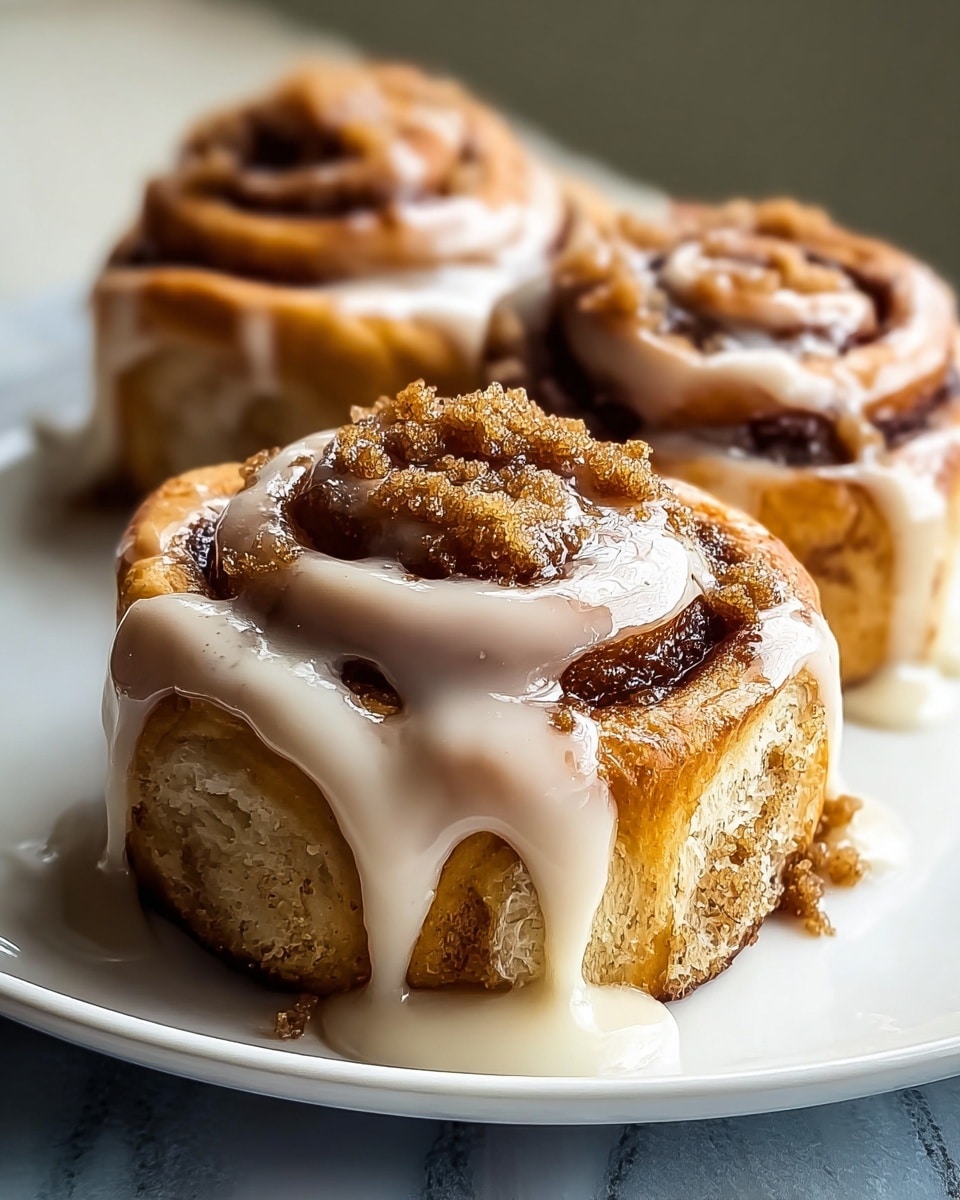 Three cinnamon rolls are shown on a white plate on a white marbled surface. Each roll has a golden brown, spiral-shaped dough with a darker cinnamon filling visible through the swirls. The rolls are topped with a light tan glaze that drips down the sides, creating a smooth, glossy texture. The tops are sprinkled with crumbly, golden brown sugar bits. The image focuses closely on the front cinnamon roll with the other two slightly blurred in the background. Photo taken with an iphone --ar 4:5 --v 7