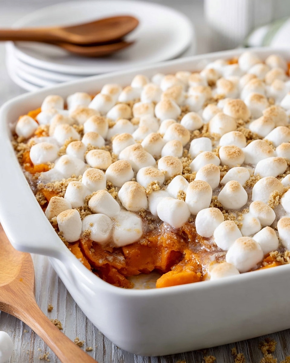 A white rectangular baking dish filled with a layered sweet potato casserole. The bottom layer is made of soft, chunky deep orange sweet potatoes. On top is a thick layer of toasted mini marshmallows, golden brown on the peaks and white around the sides, covering most of the sweet potatoes but leaving some visible at the edges. The dish sits on a white marbled surface next to a wooden spoon and a cloth with green and yellow stripes. In the background, a white bowl with a spoon is partially visible. Photo taken with an iphone --ar 4:5 --v 7