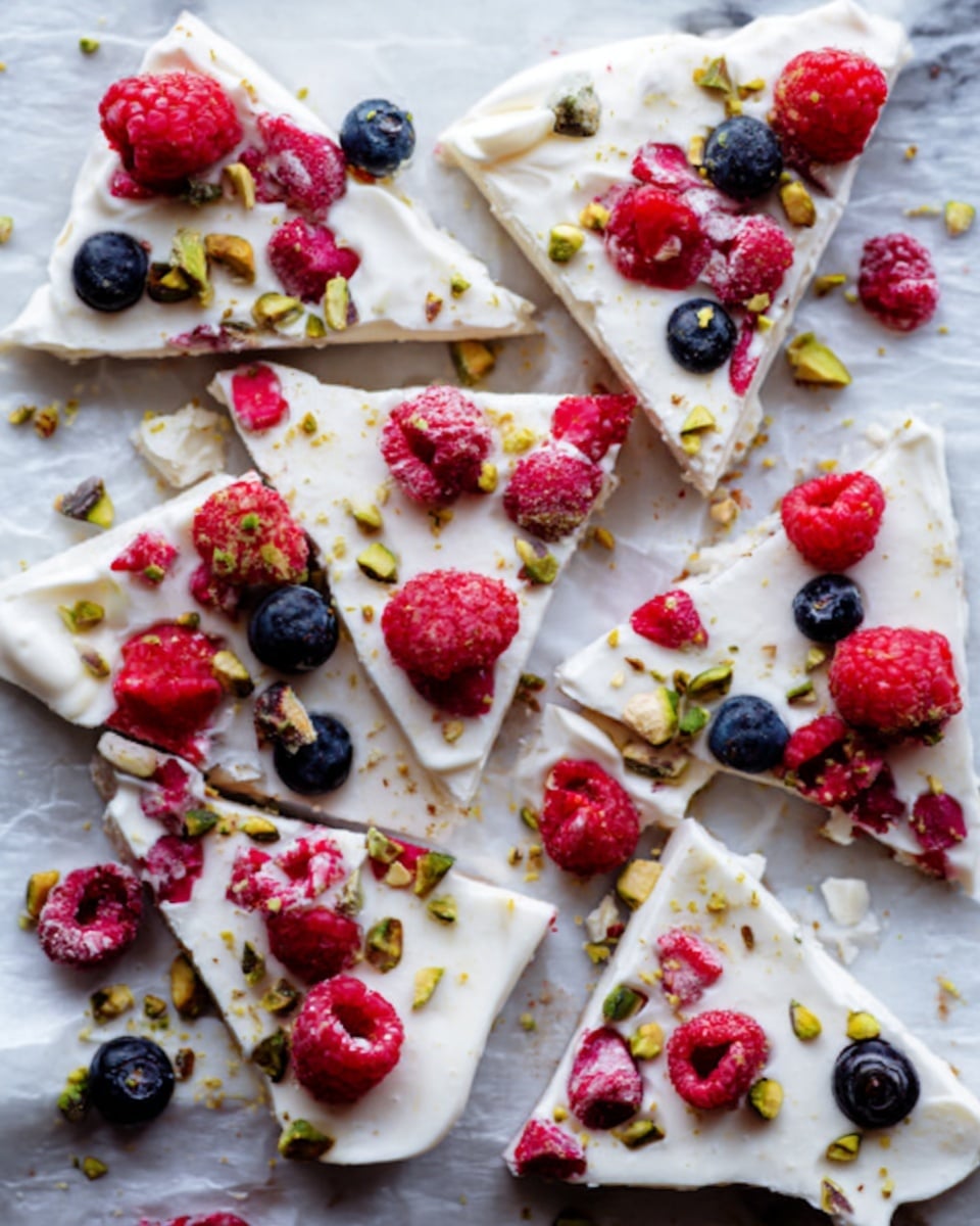 The image shows pieces of broken white chocolate bark spread on white parchment paper over a white marbled surface, layered with bright red raspberries and small round blue blueberries on top. There are also small greenish-brown pistachio nuts sprinkled evenly over the bark. The chocolate bark pieces are roughly triangular and irregular in shape, with smooth white surfaces and some pink swirls. The overall look is colorful and fresh, with the soft textures of berries contrasting the hard, glossy chocolate and crunchy pistachios. Photo taken with an iphone --ar 4:5 --v 7