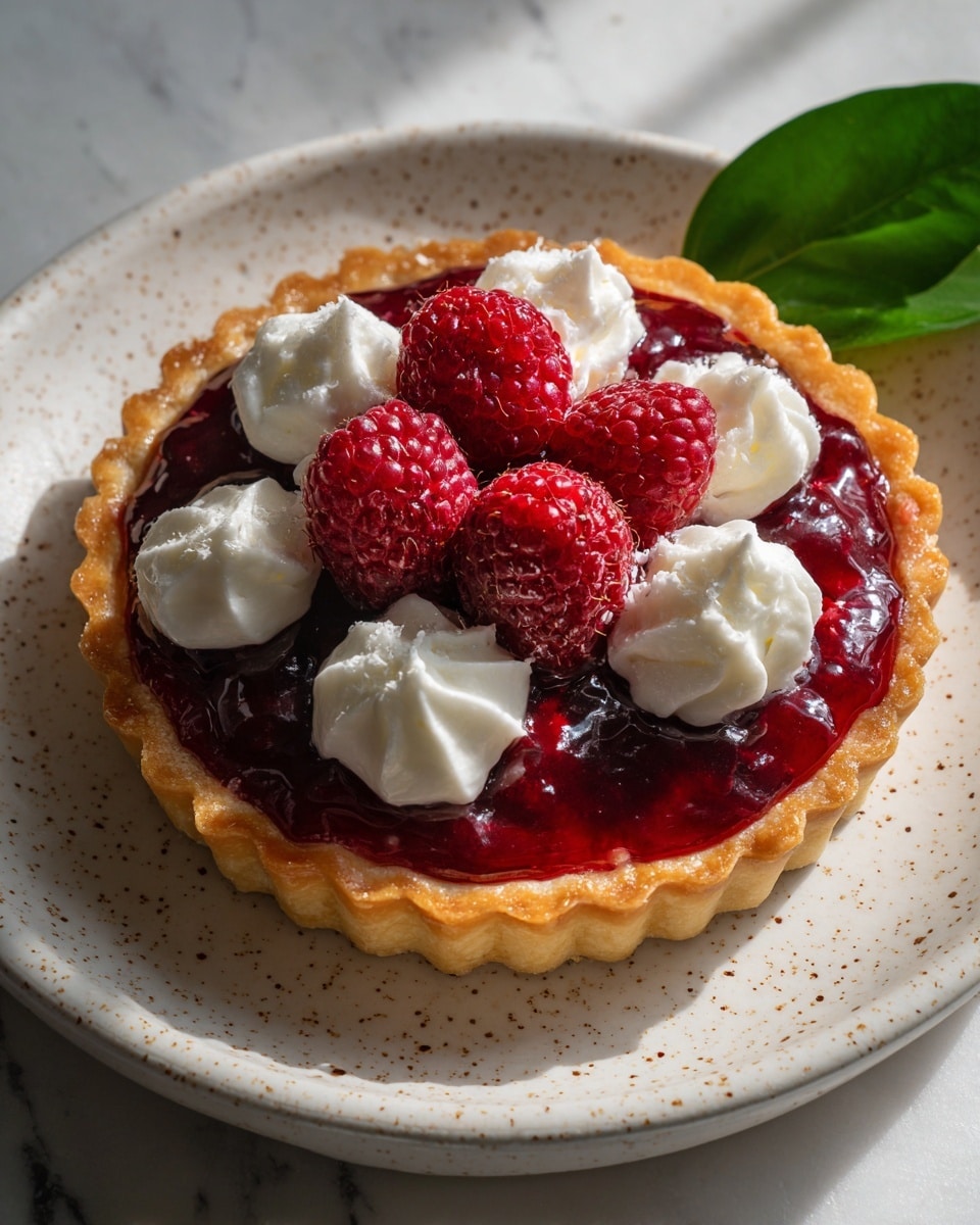 A small tart with a golden brown, fluted crust forms the base, filled with a smooth, deep red berry filling that looks glossy and thick. On top of the filling are five dollops of soft white cream placed evenly around the center. Three fresh, bright red raspberries with a slightly textured surface sit attractively in the center, partly resting on the cream dollops. The tart is placed on a white plate with subtle grey speckles, resting on a white marbled surface with some scattered crumbs nearby. A single fresh green leaf lies next to the plate, adding a touch of color. Photo taken with an iphone --ar 4:5 --v 7