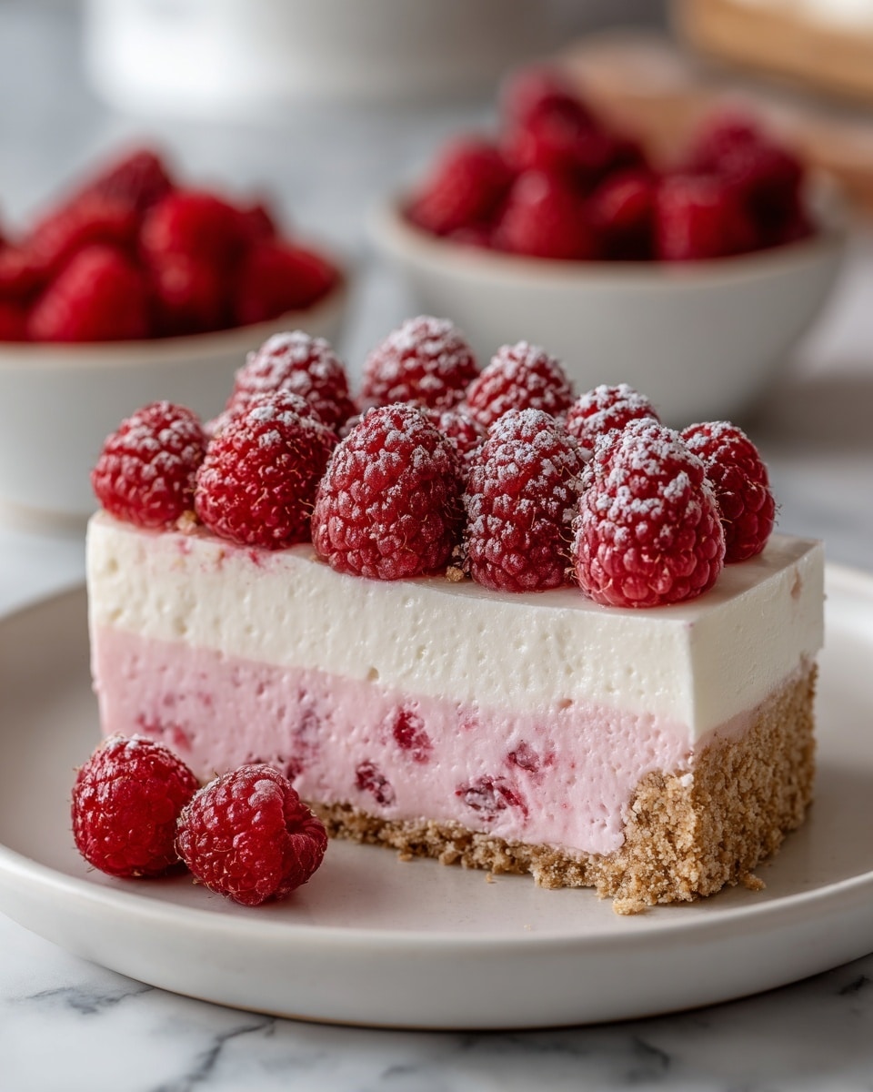 A slice of cake on a white plate shows four visible layers: at the bottom, there is a thin, light brown crumb crust; above that, a thick pink layer with whole raspberries embedded inside; on top of the pink layer is a thick, creamy white layer with a soft and fluffy texture; the top layer is filled with whole fresh raspberries, dusted with a light sprinkling of powdered sugar. The background has a white marbled texture, and the slice looks moist and fresh. photo taken with an iphone --ar 4:5 --v 7