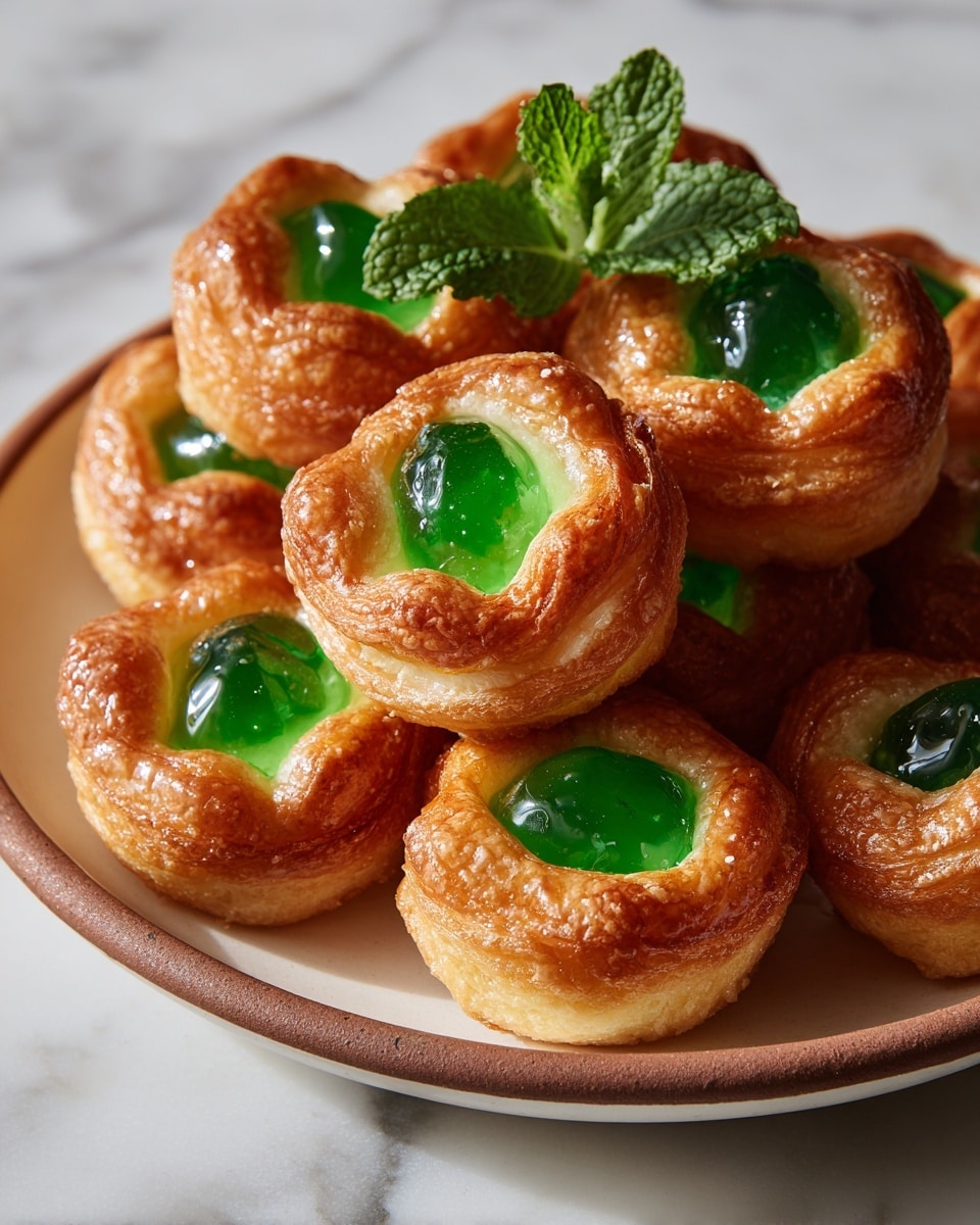 A stack of golden brown clover-shaped cookies with three rounded leaf sections each, filled with a shiny, translucent green center that looks like stained glass candy. The cookies have a slightly crisp and flaky texture with light dusting of sugar on the surface. They are placed on a white plate with soft edges, and a fresh bright green mint leaf rests on top of the stack. The background features a white marbled texture, creating a clean, elegant look. photo taken with an iphone --ar 4:5 --v 7