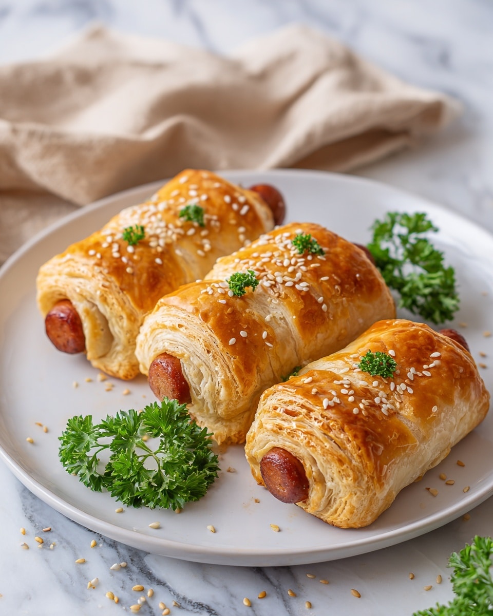 A white plate holds four golden brown sausage rolls that look flaky and crispy. Each roll is wrapped in several layers of puff pastry, showing light, airy folds with a slightly shiny surface topped with white sesame seeds and small green parsley leaves. The sausage ends peek out from the pastry, showing a rich reddish color and moist texture. A sprig of fresh green parsley lies beside the rolls as decoration, and the plate is set on a white marbled surface. Photo taken with an iphone --ar 4:5 --v 7