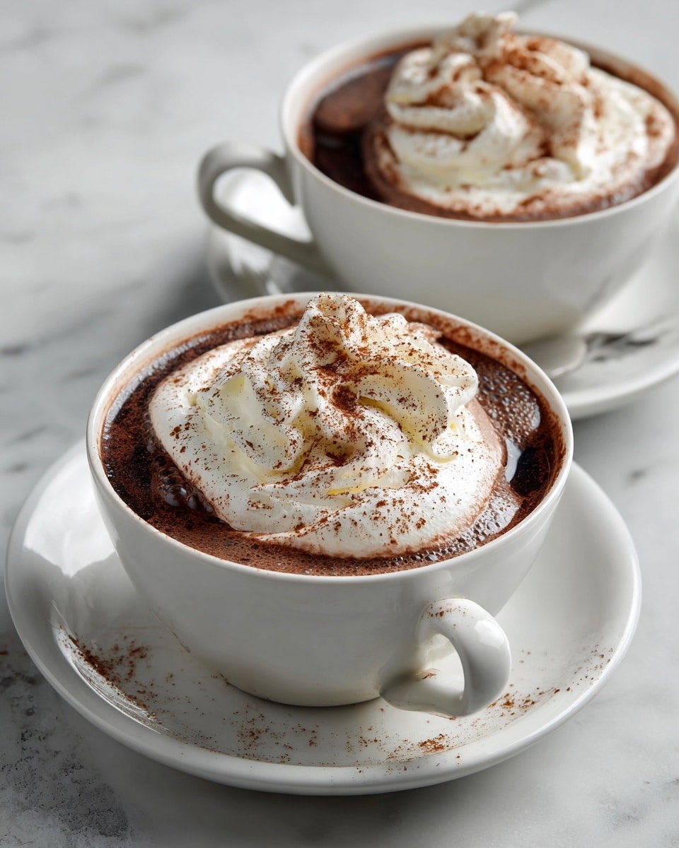 Two white cups filled with dark brown hot chocolate are placed on white saucers, all set against a white marbled surface. Each cup has a thick layer of white whipped cream on top, whipped into soft, swirled peaks that cover the surface of the drink. The whipped cream is lightly dusted with a fine layer of cinnamon or cocoa powder, adding a speckled warm brown texture. The handles of the cups face right, and the overall setting looks clean and inviting. photo taken with an iphone --ar 4:5 --v 7