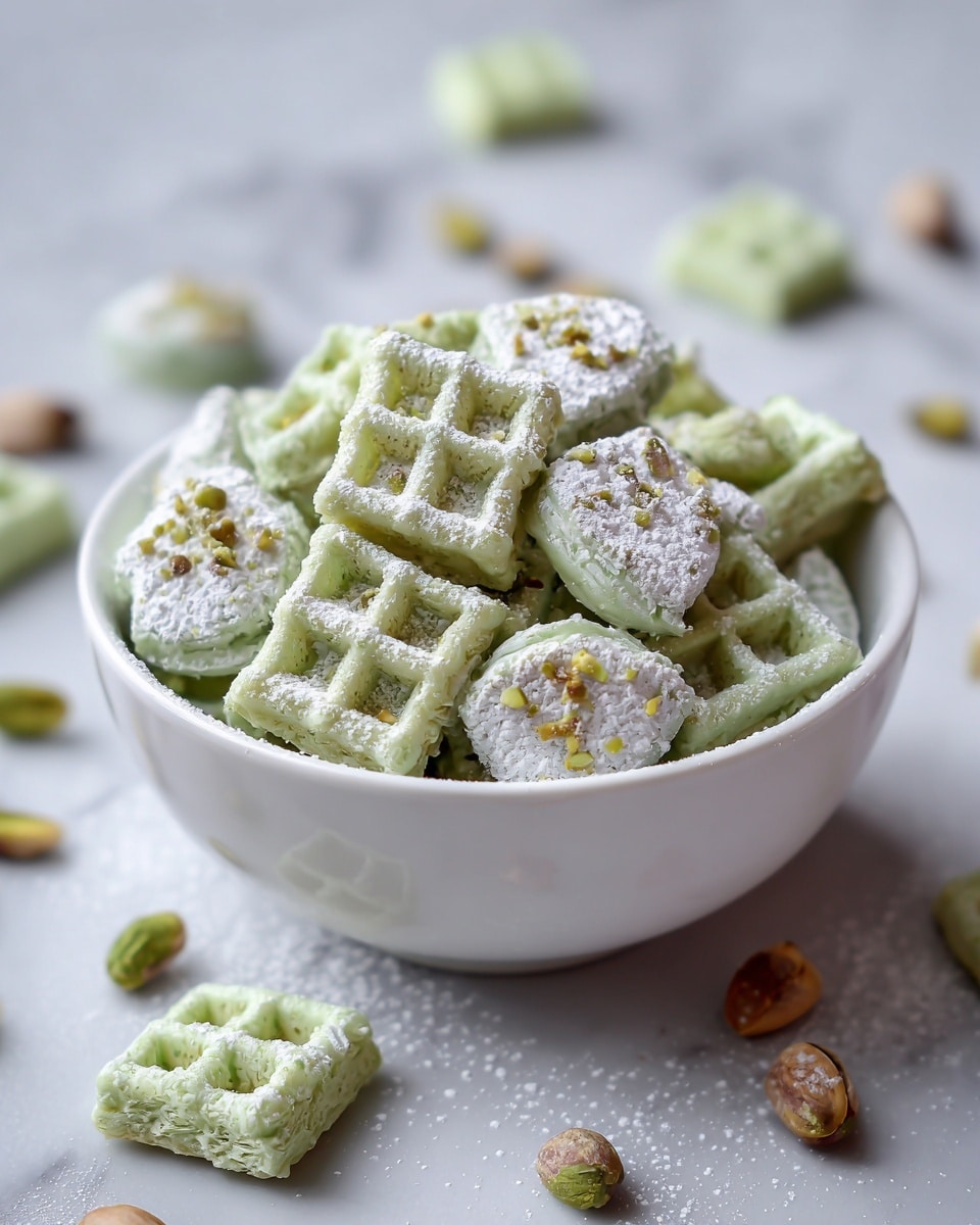 A white bowl is filled with small square snacks that have a light green waffle texture. Some pieces are half-covered with smooth, shiny pale green coating, topped with small crushed pistachio pieces. Other pieces are dusted with white powdered sugar. The bowl sits on a white marbled texture surface, with a few scattered snacks and pistachio nuts around it. photo taken with an iphone --ar 4:5 --v 7