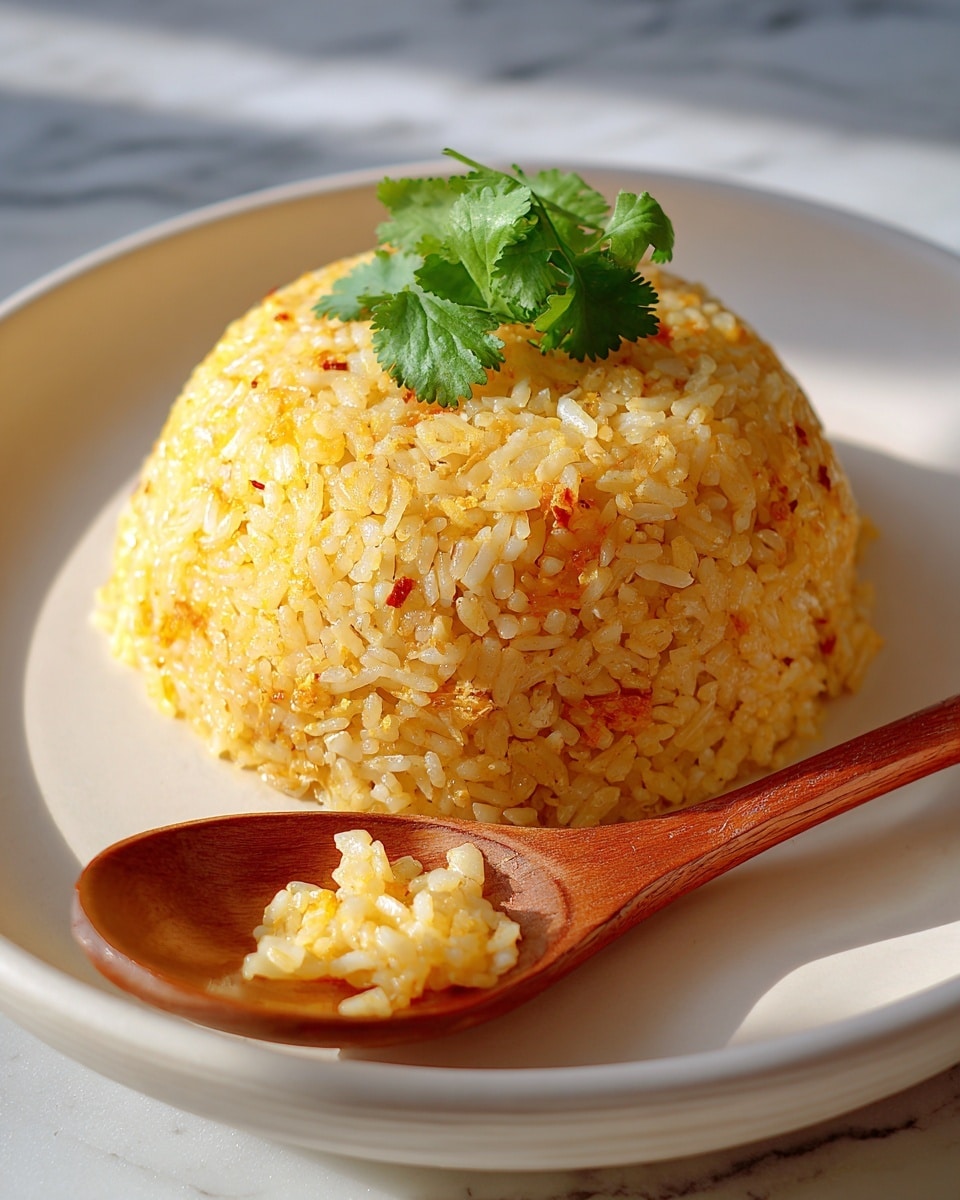 A dome-shaped mound of yellow-orange fried rice is placed in the center of a white plate, with a wooden spoon scooping a portion from the front left side. The grains of rice are clearly visible, slightly glistening with oil and mixed with small bits of vegetables or spices. On top of the rice dome, fresh green cilantro leaves add a bright pop of color. The scene is set against a white marbled background, with soft natural light creating gentle shadows. photo taken with an iphone --ar 4:5 --v 7