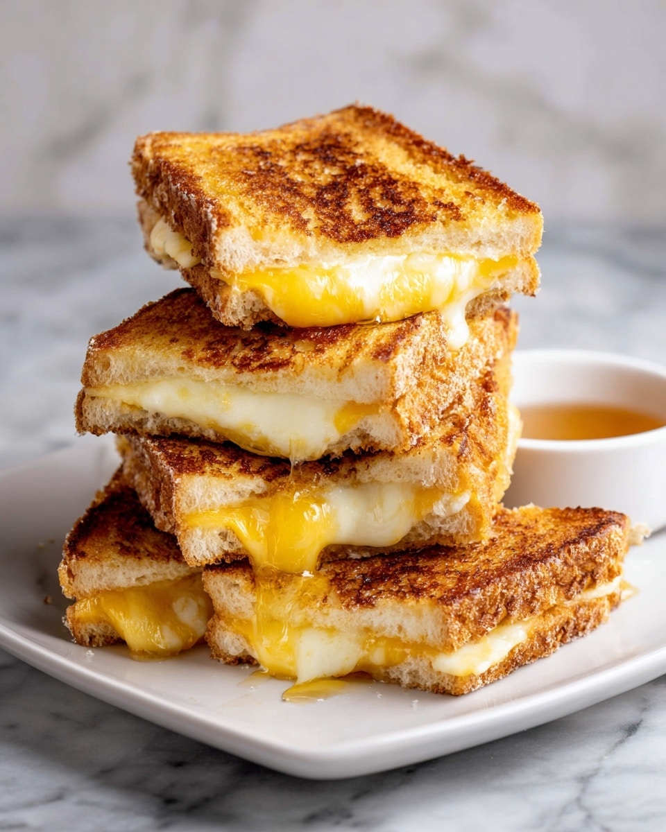 The image shows a white rectangular plate with eight small grilled cheese sandwiches stacked in two layers, with five sandwiches on the bottom and three on top. Each sandwich has a golden brown, crispy toasted bread exterior with melted yellow cheese oozing out from the sides. The cheese inside looks smooth and creamy, contrasting with the slightly crunchy texture of the bread. In the background to the right, there is a small white ramekin filled with orange dipping sauce. The plate is placed on a white marbled surface. Photo taken with an iphone --ar 4:5 --v 7