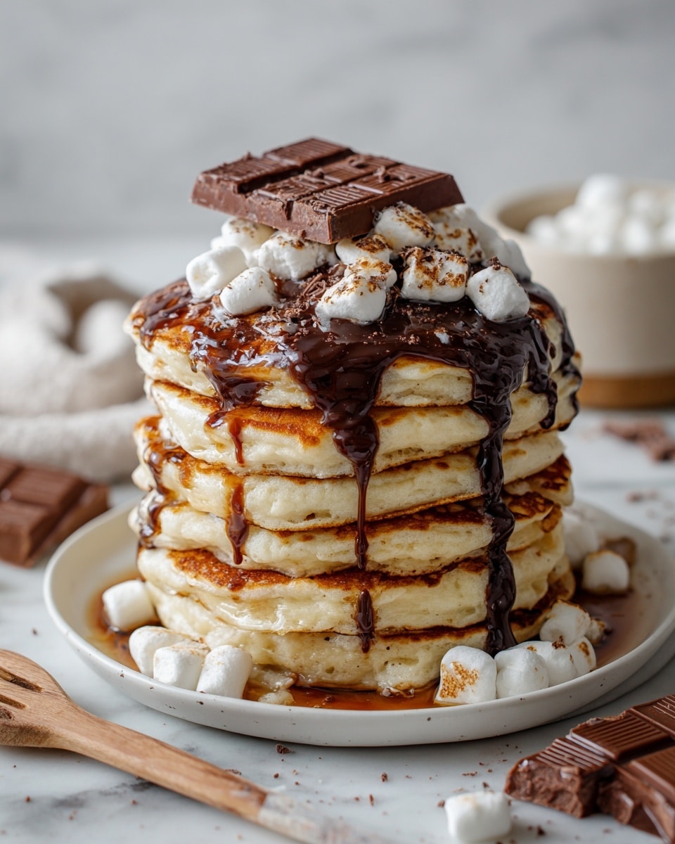A stack of seven golden brown pancakes sits centered on a white plate, each pancake thick and fluffy with a slightly uneven edge. Dark chocolate sauce drizzles down the sides in thick streams, pooling slightly at the base. Small, white marshmallows are scattered over the top, some melting into the chocolate sauce. Pieces of chopped nuts are sprinkled around the stack and on the plate. Two large square pieces of dark chocolate rest on top, adding a rich contrast. The plate is set on a white marbled surface that adds a soft, clean background. Photo taken with an iphone --ar 4:5 --v 7