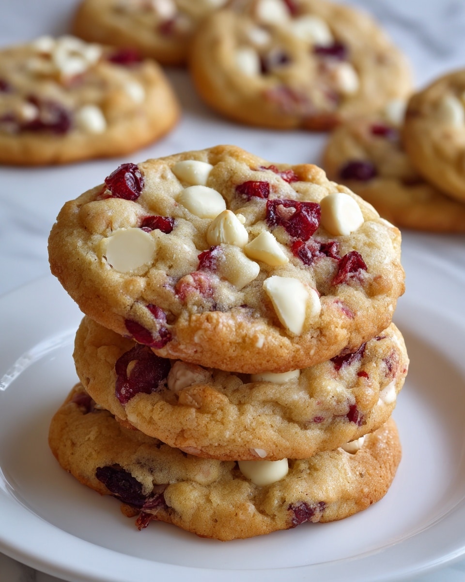 A close-up image shows a stack of three golden-brown cookies with visible red cranberry pieces and small white oats mixed evenly throughout the dough. The cookies have a slightly crispy edge and a soft, chewy texture in the middle. They are placed on a clean white plate, with another stack blurred in the background on a white marbled surface. The lighting highlights the texture of the cookies, making them look warm and fresh. Photo taken with an iphone --ar 4:5 --v 7