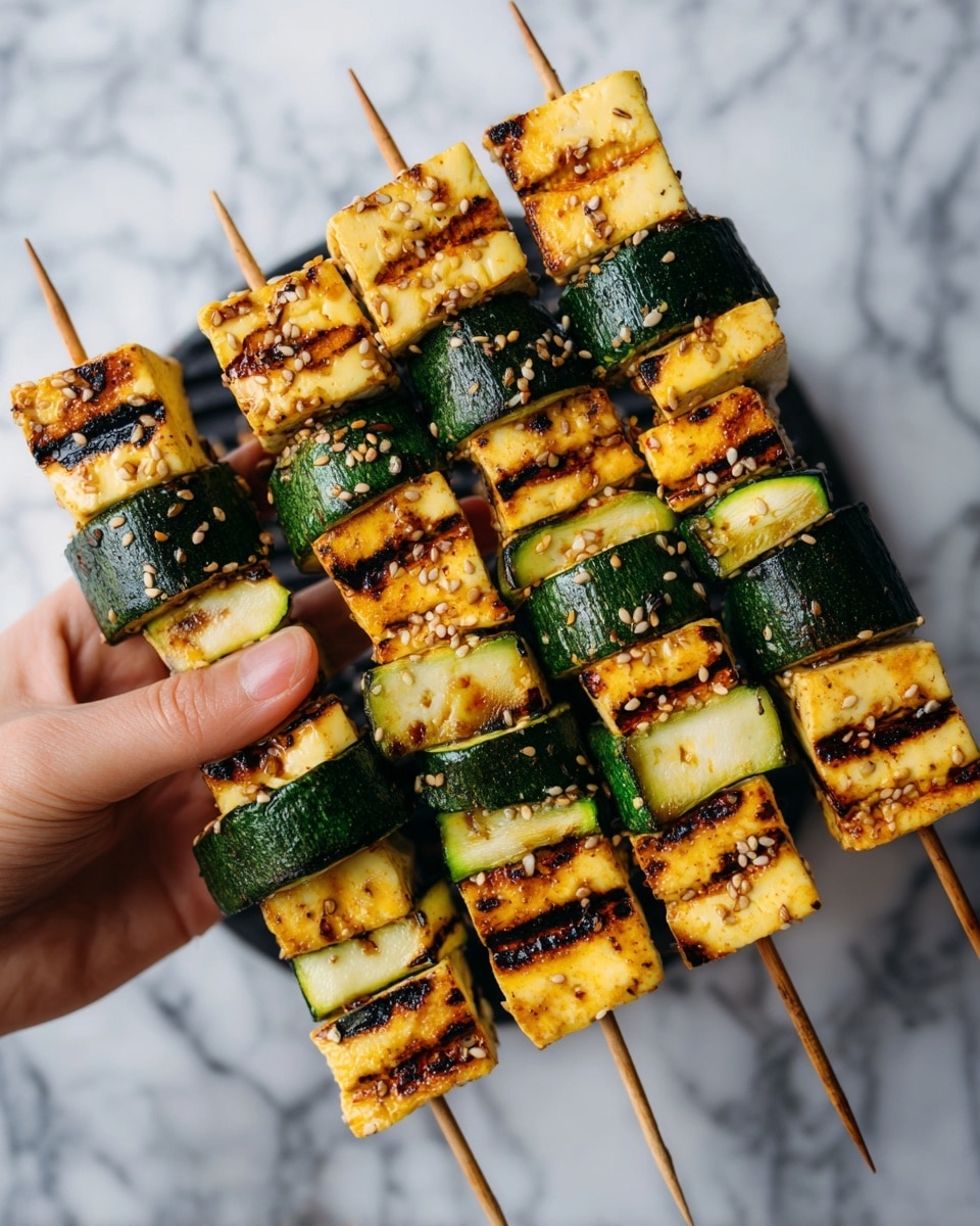 The image shows skewers of grilled tofu and zucchini slices arranged in an alternating pattern. Each skewer has three layers of tofu, which are golden yellow with grill marks and a slightly crispy texture. Between the tofu pieces are thick, round slices of dark green zucchini with a soft cooked look and slight charring on the outer edges. The skewers rest on a black grill, with light sesame seeds sprinkled on top. A woman's hand is holding one of the skewers. The background is a white marbled texture. Photo taken with an iphone --ar 4:5 --v 7