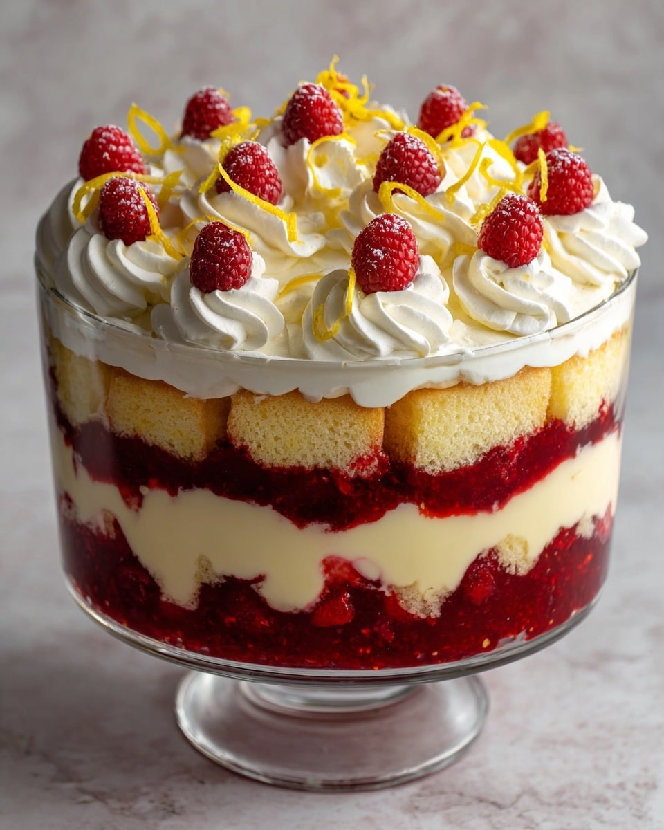 A glass trifle bowl holds multiple layers of dessert, starting with a bottom layer of white cream mixed with red raspberry sauce, followed by a soft yellow cake layer, and topped with another thick layer of white cream. Above this layer, there is a scattering of more red raspberry sauce and cake crumbs, then a large, fluffy layer of white whipped cream swirled strongly on top. The top is decorated with bright red raspberries and yellow lemon slices placed evenly around the whipped cream peaks. The dessert sits on a white marbled surface. photo taken with an iphone --ar 4:5 --v 7