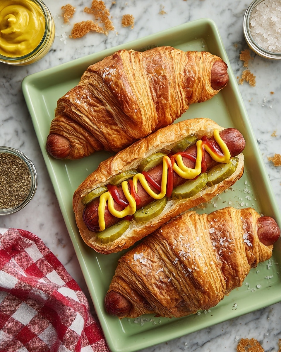 Three croissant hot dogs lie on a rectangular white plate. Each croissant is golden brown and shiny, with a soft, flaky texture showing many layers. On the top croissant, a brown hot dog is nestled inside the croissant’s slit, topped with a bright yellow squiggly line of mustard. The middle croissant hot dog has the same type of hot dog with a zigzag mix of red ketchup and yellow mustard on top. The bottom croissant hot dog carries the hot dog with slices of green pickles and coarse white salt sprinkled on top. Around the plate, light golden croissant crumbs are scattered, and nearby is a small white bowl of mustard and a glass mustard bottle, all set on a white marbled surface. A red and white checkered cloth is partly visible at the plate’s corner. Photo taken with an iphone --ar 4:5 --v 7