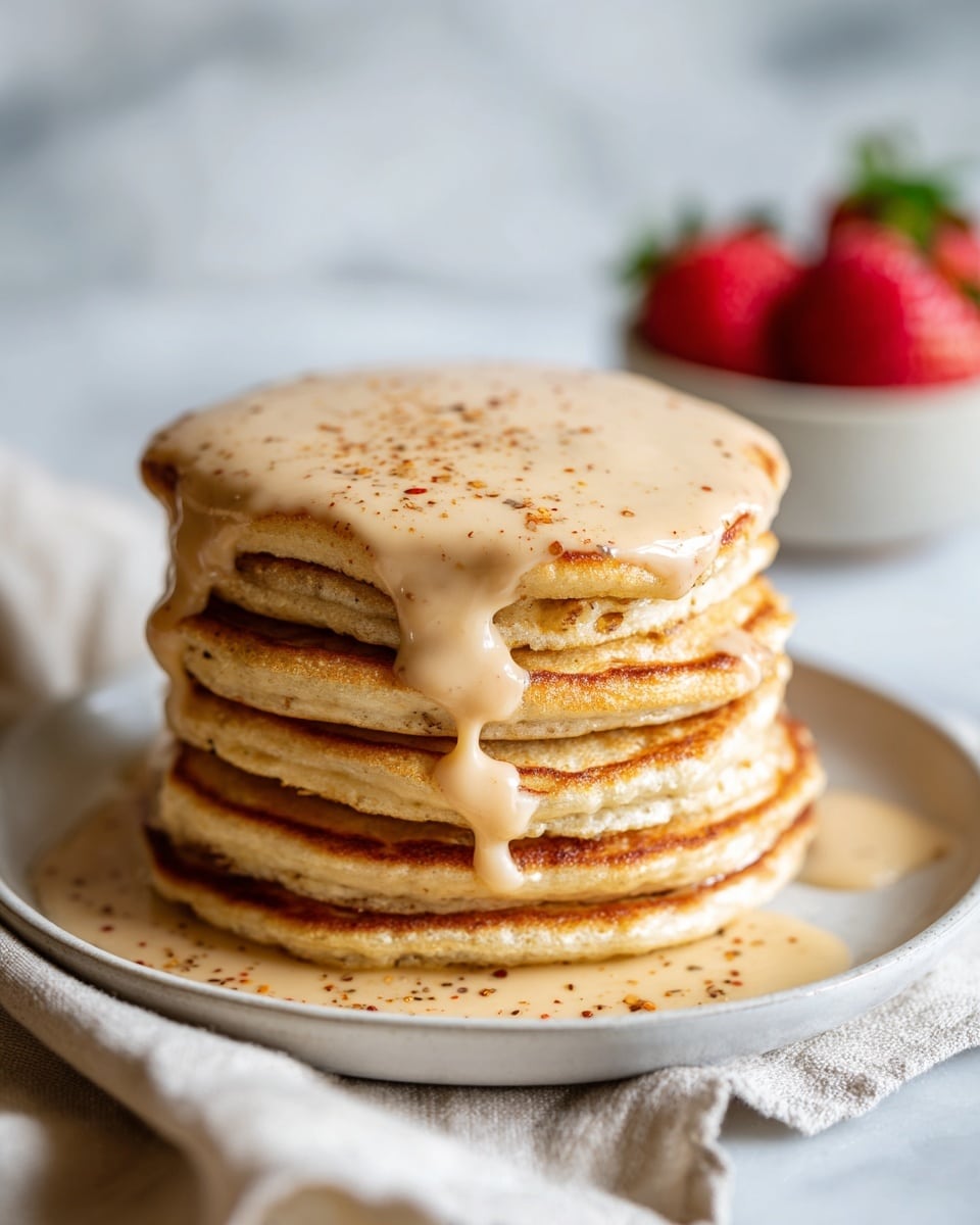 A stack of six thick, fluffy pancakes with a light golden brown color on the edges sits on a white plate. A smooth, creamy sauce with a light caramel tone is poured over the top, gently spilling down the sides of the pancakes and pooling slightly at the base. The sauce has small specks of darker brown, adding texture to the glossy surface. In the blurred background, there are some red strawberries with green leaves. The plate is placed on a light beige cloth, all set on a white marbled textured surface. photo taken with an iphone --ar 4:5 --v 7