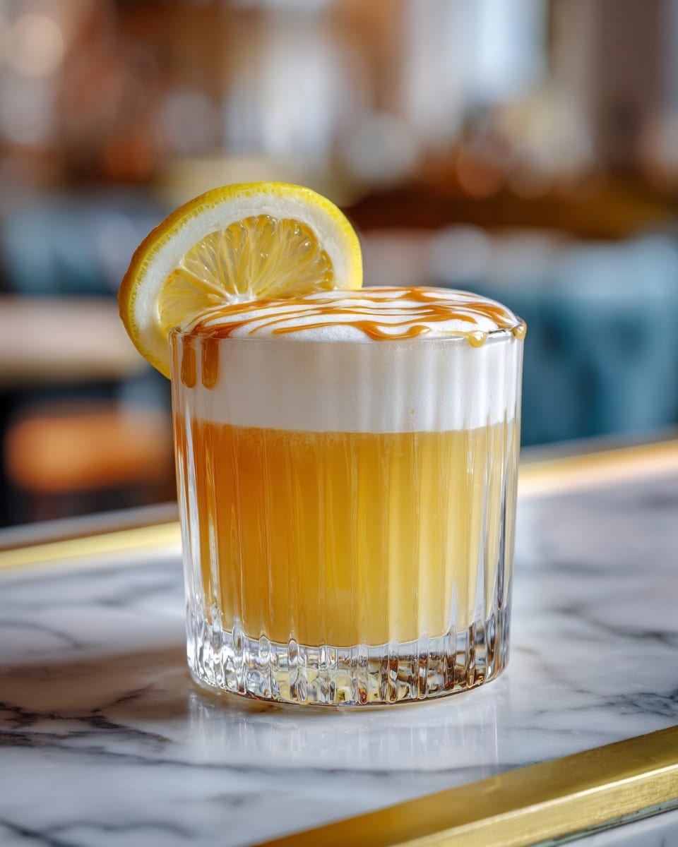 A short clear glass with vertical ridges holds a two-layered drink placed on a white marbled surface with gold trim. The bottom layer is a light amber liquid with ice cubes visible inside. The top layer is thick white foam covering the liquid completely. There are several drizzle lines of deep orange syrup on top of the foam. A fresh lemon slice with a bright yellow color is placed on the glass rim. Photo taken with an iphone --ar 4:5 --v 7