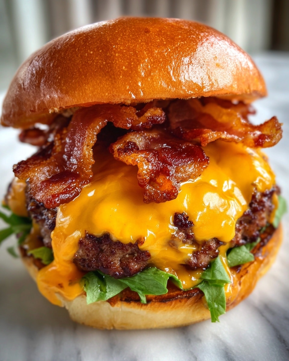 The image shows a close-up of a thick beef burger patty with three layers of toppings. At the bottom, there is a bed of green leafy spinach under the patty. The patty itself is browned with a slightly rough, charred texture. On top, there is a smooth, melted yellow cheddar cheese layer, covering the patty completely with some cheese dripping slightly on the sides. The top layer consists of crispy strips of cooked bacon, reddish-brown in color, scattered unevenly over the cheese. The burger sits on a white plate with a white marbled surface in the background. Photo taken with an iphone --ar 4:5 --v 7