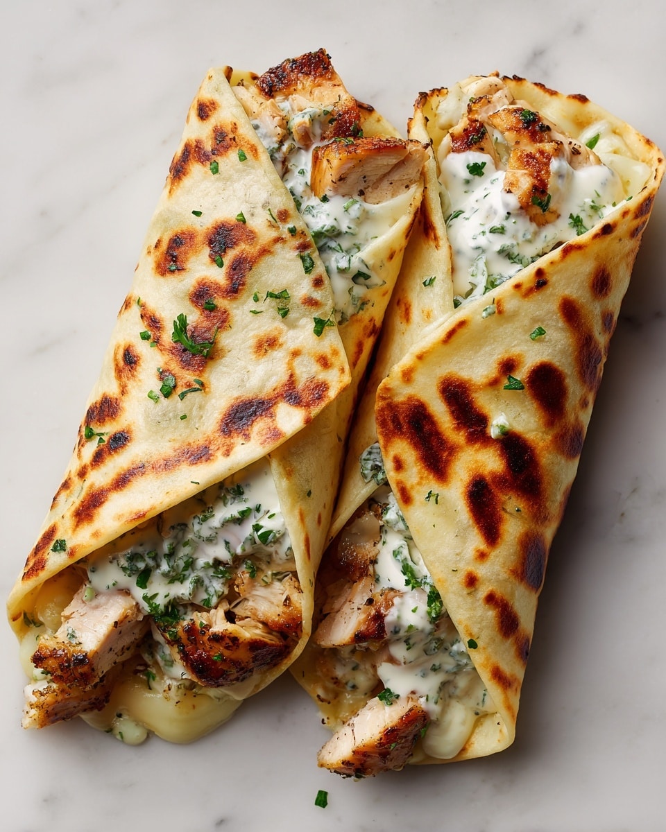 Two soft tortillas with brown grilled marks are wrapped around a filling of cooked, spiced chicken pieces that are white with light brown edges and bright green herb bits. Inside, melted white cheese sauce with chopped green herbs drips slightly out from the open ends of the tortillas, showing a creamy texture. The wraps lie side by side on a white marbled surface, and the front tortilla is slightly on top of the other, giving a close, detailed view of the layers. Photo taken with an iphone --ar 4:5 --v 7