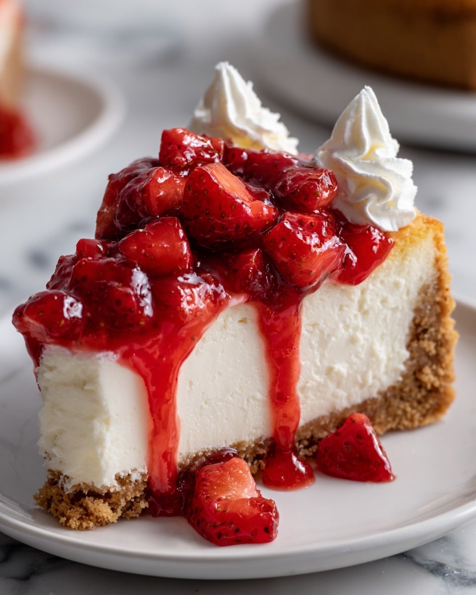 A slice of cheesecake with a thick, crumbly brown crust at the bottom, topped by a thick, smooth, creamy white layer of cheesecake filling. On top, there are bright red strawberry pieces coated in a shiny strawberry sauce that slightly drips down the side of the cheesecake slice. The slice is decorated with two swirls of white whipped cream. The cheesecake sits on a simple white plate, placed on a white marbled textured surface. Photo taken with an iphone --ar 4:5 --v 7