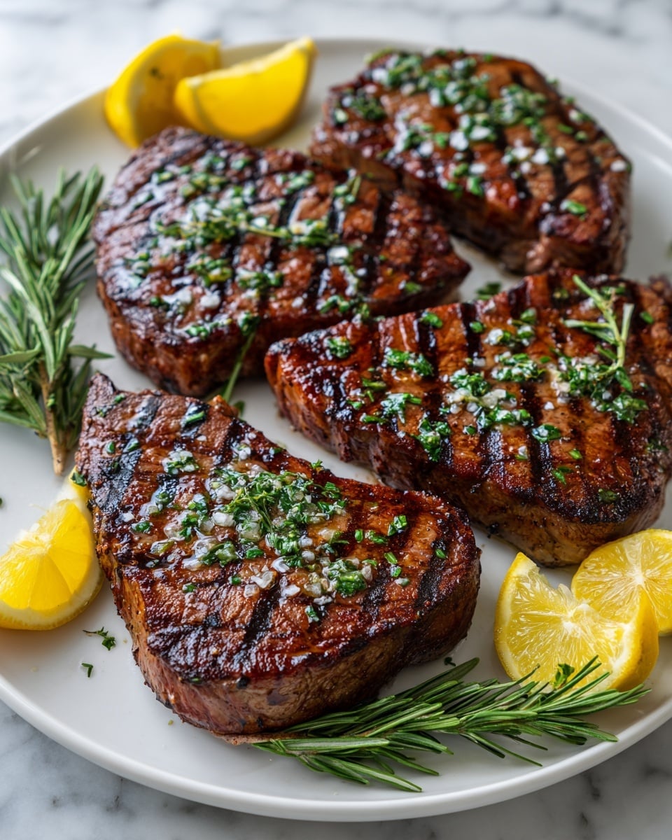 Three grilled steaks with visible char marks lay on a white plate, each steak garnished with green herb sprigs that add freshness to the rich, brown grilled surface. Coarse salt and pepper are sprinkled lightly over the steaks, enhancing their texture. Around the steaks, several lemon wedges with bright yellow peel and juicy interior are placed, suggesting a zesty addition. The plate is set on a white marbled texture, which contrasts nicely with the dark, textured meat and green herbs. photo taken with an iphone --ar 4:5 --v 7