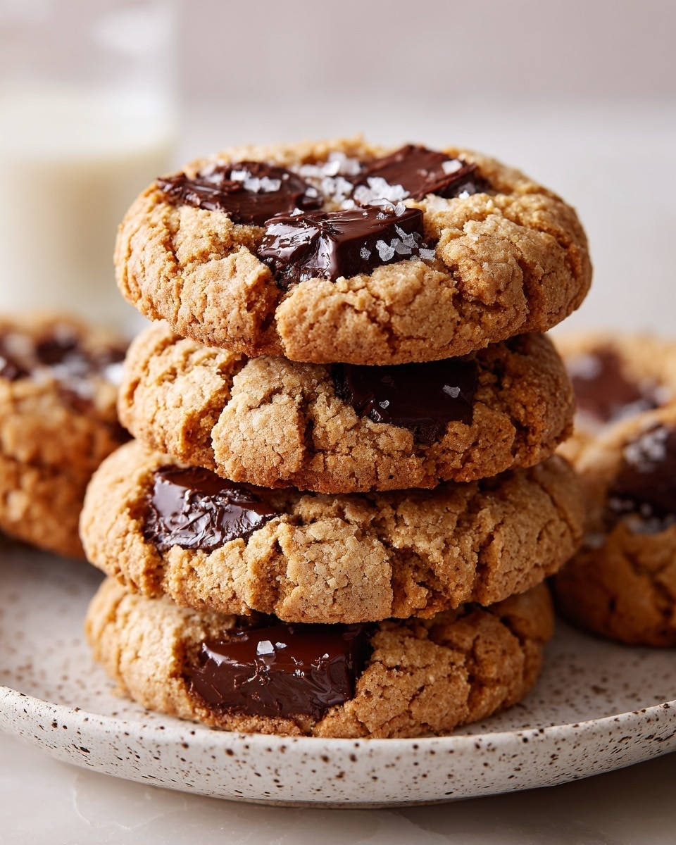 The image shows five round cookies stacked closely on a white plate with a speckled pattern. Each cookie has a rough, cracked light brown surface with melted dark chocolate chunks in the center and sprinkled with coarse sea salt on top. The cookies look soft and chewy with a crumbly texture. The plate is placed on a white marbled surface, and a blurred glass of milk is visible in the background. photo taken with an iphone --ar 4:5 --v 7