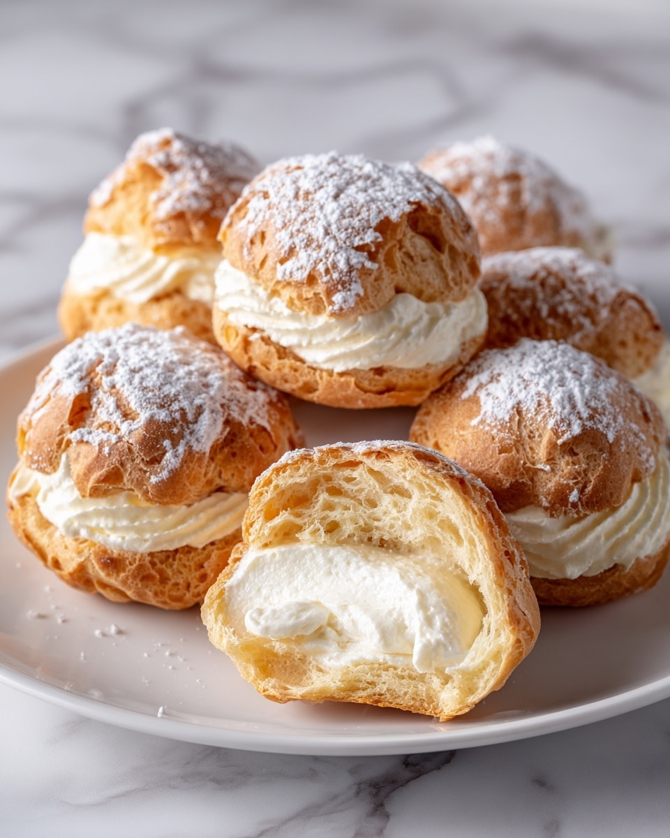 A white plate holds seven cream puffs arranged closely, each puff topped with a light dusting of powdered sugar. One cream puff is cut open in front, showing two layers inside: a golden brown, slightly crispy outer shell with a soft texture, and a thick, smooth, pale cream filling that fills the hollow center. The plate rests on a white marbled surface. Photo taken with an iphone --ar 4:5 --v 7