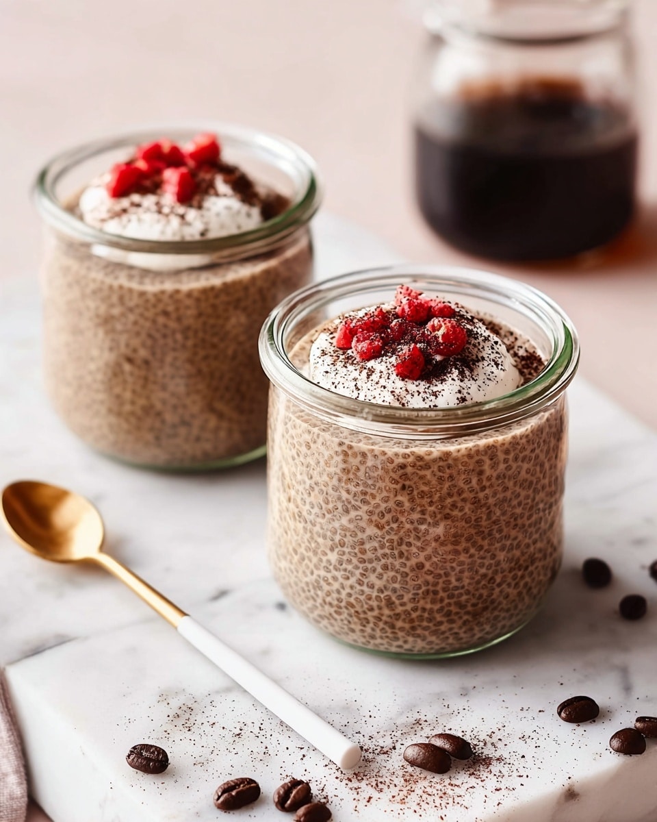 The image shows two small glass jars filled with light brown chia pudding with visible chia seeds spread evenly throughout. Each jar is topped with a small dollop of white cream, a few pieces of red fruit, and a sprinkling of dark brown powder. The jars sit on a white marbled surface with scattered coffee beans and cocoa powder around them. A gold spoon with a white dollop of cream is also on the surface next to the jars. In the background, part of another glass jar filled with a dark liquid is visible. The setting is bright with a soft pink blurred background. Photo taken with an iphone --ar 4:5 --v 7