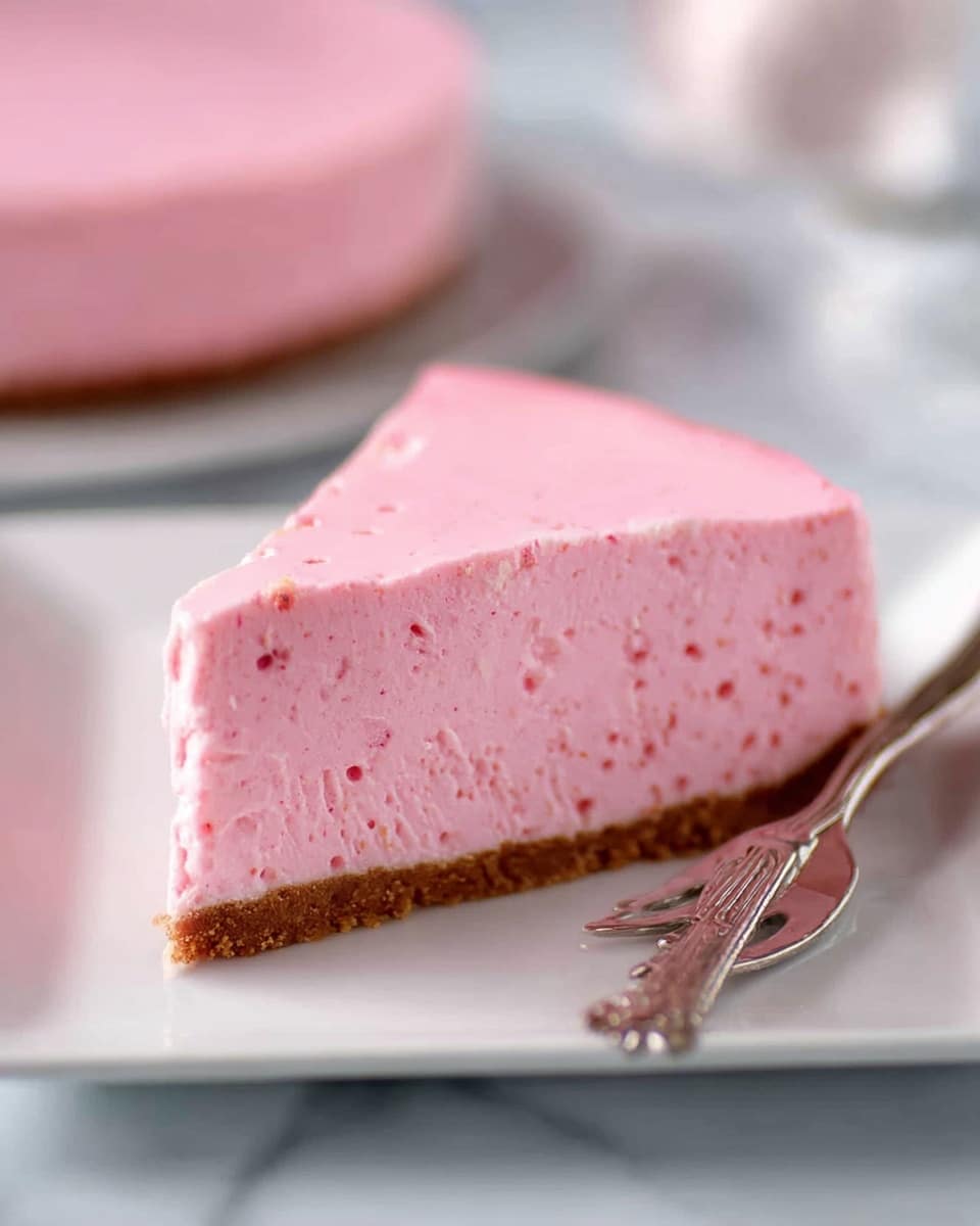 A single slice of pink cheesecake sits on a white square plate, showing two layers: a solid, slightly crumbly brown crust at the bottom and a thick, smooth, creamy light pink cheesecake filling on top. The filling has tiny air bubbles and looks soft with a glossy finish. Next to the slice is a silver fork with decorative designs on the handle. The background is a white marbled texture with a blurred full cheesecake in the distance. Photo taken with an iphone --ar 4:5 --v 7