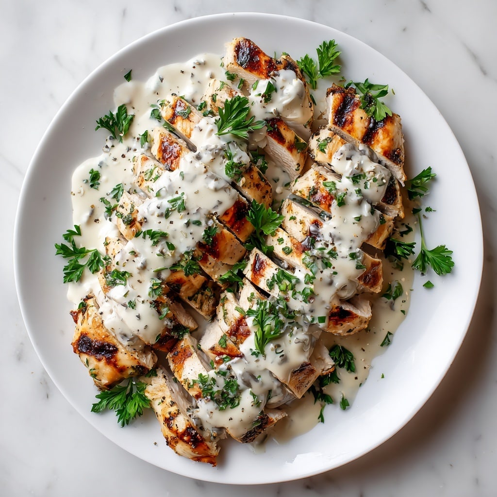 A white plate holds sliced grilled chicken breast arranged neatly in rows, each piece showing light golden grill marks. The chicken is generously covered with a creamy white sauce that has a smooth texture with hints of black pepper sprinkled throughout. Fresh green parsley leaves are scattered on top and around the chicken, adding a bright touch of color. The plate rests on a white marbled surface, enhancing the clean and fresh look of the dish. photo taken with an iphone --ar 4:5 --v 7