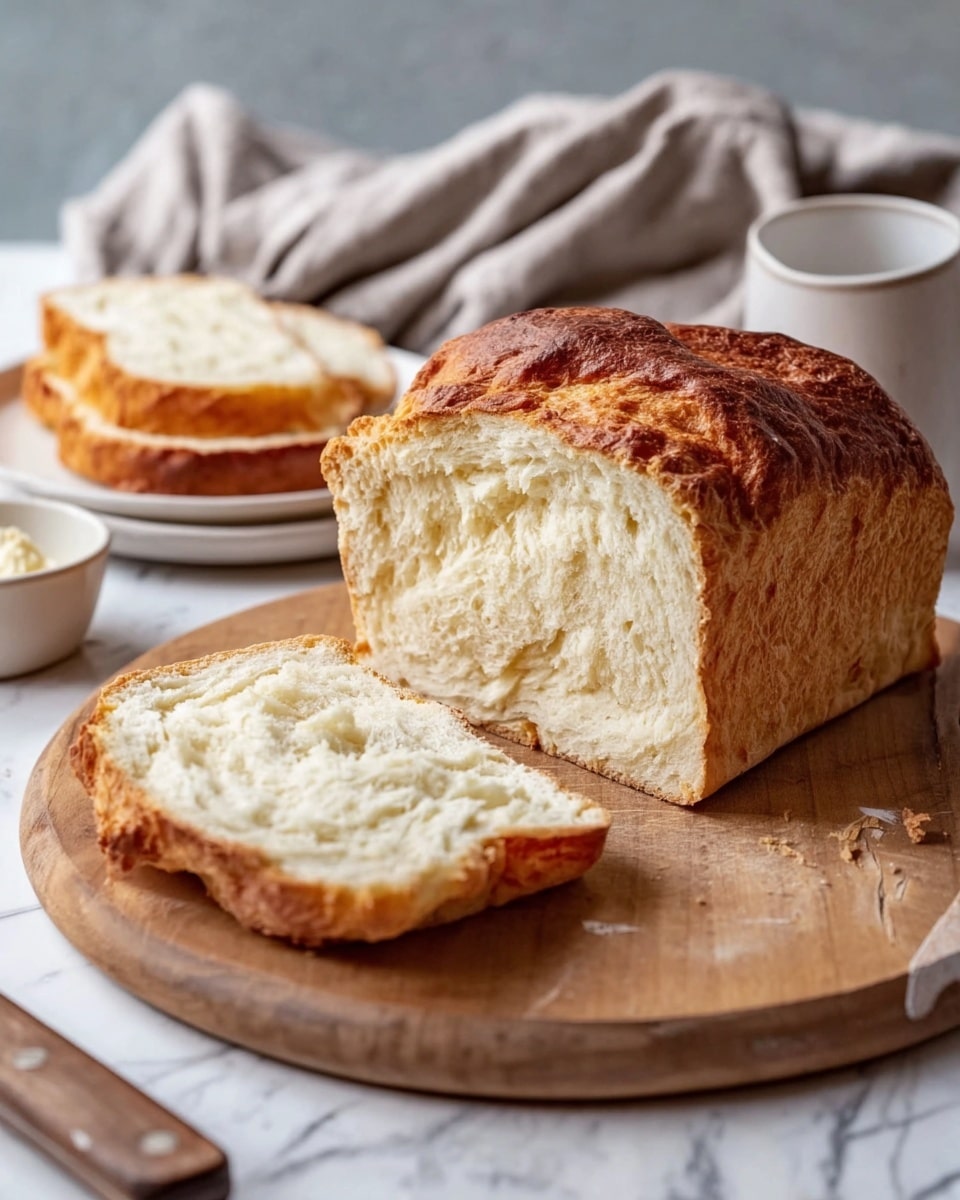 A large loaf of bread is placed on a round wooden board, showing a thick, golden-brown crust on top with a rough texture and a soft, white, fluffy interior visible where it is cut. Behind it, there are two thick slices of bread on a white plate, stacked loosely. To the left, a white bowl filled with a creamy, pale yellow spread and a white cup are slightly out of focus. The entire scene is set on a white marbled texture surface with a light gray cloth casually draped in the background, and a knife with a wooden handle lies on the right side of the board. Photo taken with an iphone --ar 4:5 --v 7