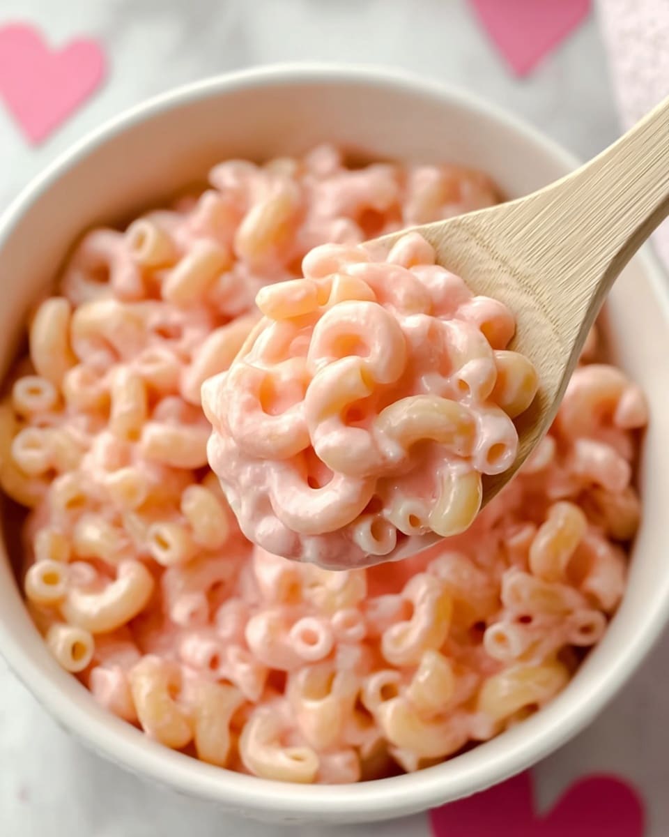 A close-up of a white bowl filled with elbow macaroni covered in a smooth, light pink creamy sauce, showing a wooden spoon lifting a portion of the macaroni. The pasta is soft and coated evenly, with the sauce giving the noodles a shiny, slightly thick texture. The background features a white marbled surface with hints of pink hearts and a note visible near the bowl. photo taken with an iphone --ar 4:5 --v 7