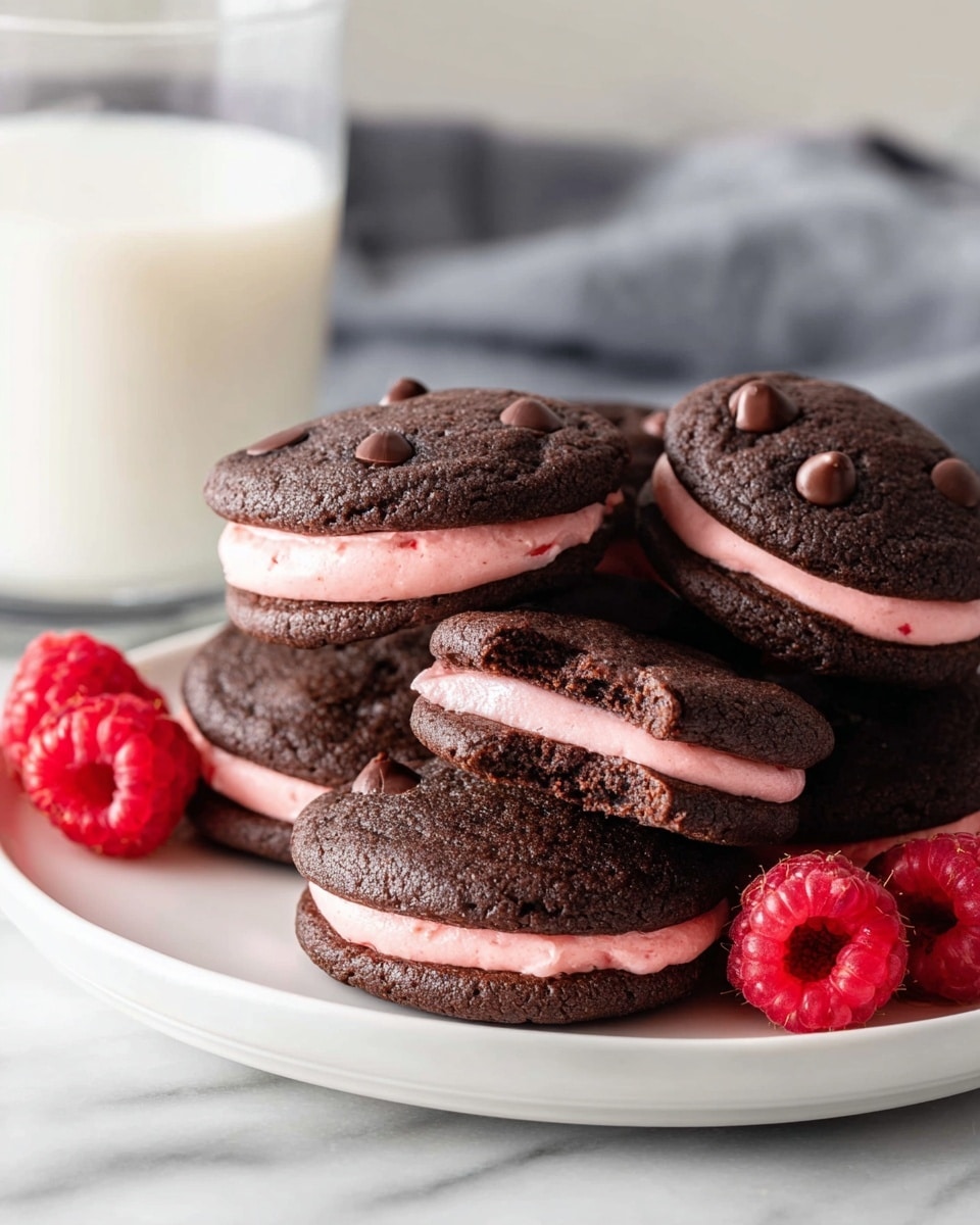 A white plate holds a stack of several chocolate sandwich cookies, each composed of two dark brown, textured chocolate cookie layers with smooth, thick light pink filling in between. The top cookie of each sandwich is studded with a few shiny chocolate chips, adding a bit of texture and contrast. The cookies have a slightly soft and moist look with some small cracks, and the pink filling looks creamy and smooth. The plate sits on a white marbled surface with a few bright red raspberries scattered nearby. In the background, a clear glass filled with white milk is placed beside a folded soft light blue cloth. photo taken with an iphone --ar 4:5 --v 7