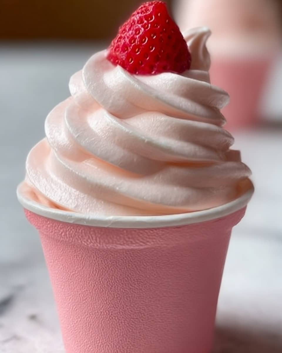 The image shows a close-up of a light pink paper cup filled with soft serve ice cream swirled in smooth, thick layers from the base to a pointed top. The ice cream is pale pink with a creamy texture, and a fresh red strawberry cut in half is placed on the top layer as a garnish. The background is softly blurred with pink colors, while the cup rests on a white marbled surface. Photo taken with an iphone --ar 4:5 --v 7