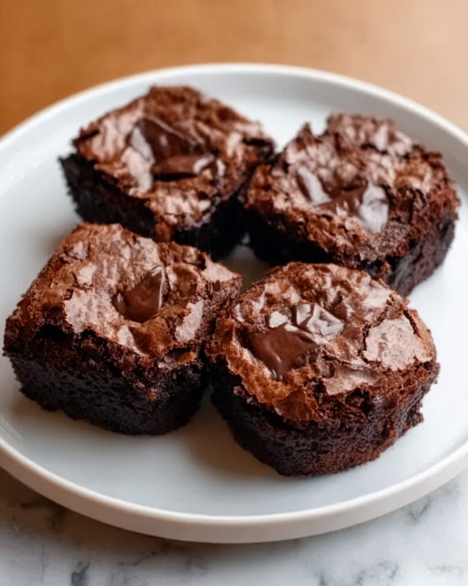 The image shows four chocolate brownies placed on a white plate. Each brownie has a cracked, shiny dark brown top with visible chocolate chunks embedded in it. The brownies look moist and dense, and they are arranged in a circular shape on the plate. The plate sits on a white marbled surface. photo taken with an iphone --ar 4:5 --v 7