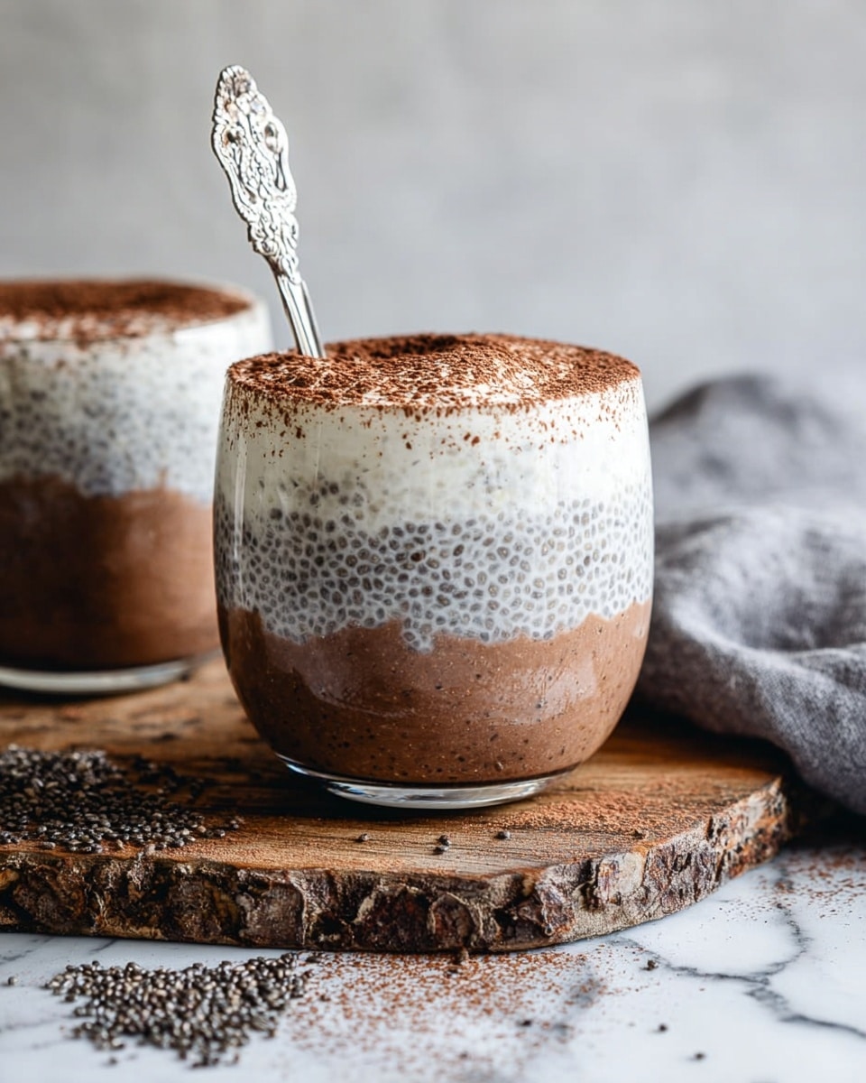 The image shows a clear glass cup with three visible layers. The bottom layer is dark brown with a thick, smooth texture. The middle layer is light grayish with small black chia seeds evenly mixed in, looking gel-like. The top layer is a thick, white creamy layer sprinkled with dark brown powder on top. A silver spoon with an ornate handle is placed inside the cup, leaning against the rim. The cup sits on a wooden board with chia seeds scattered around it, and a gray cloth napkin is to the side. The surface beneath is a white marbled texture. Photo taken with an iphone --ar 4:5 --v 7
