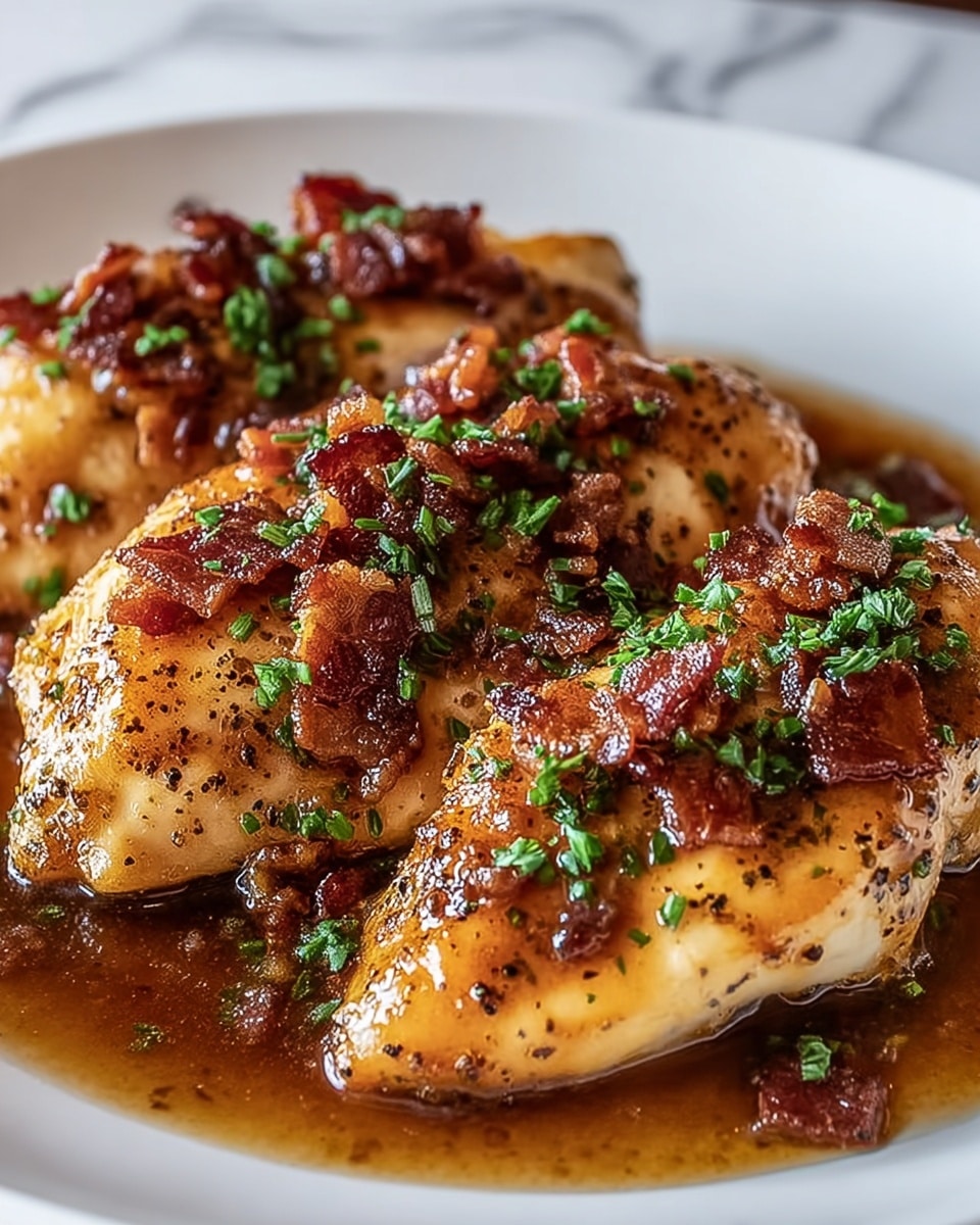 The image shows three pieces of golden-brown cooked chicken breasts placed side by side on a white plate. Each chicken piece is topped with small crispy dark reddish-brown bacon bits and sprinkled with finely chopped green herbs. A shiny brown sauce pools around the chicken, giving a glossy and moist look to the dish. The chicken skin appears slightly crispy and peppered with small black specks of seasoning. The background is a white marbled texture. photo taken with an iphone --ar 4:5 --v 7