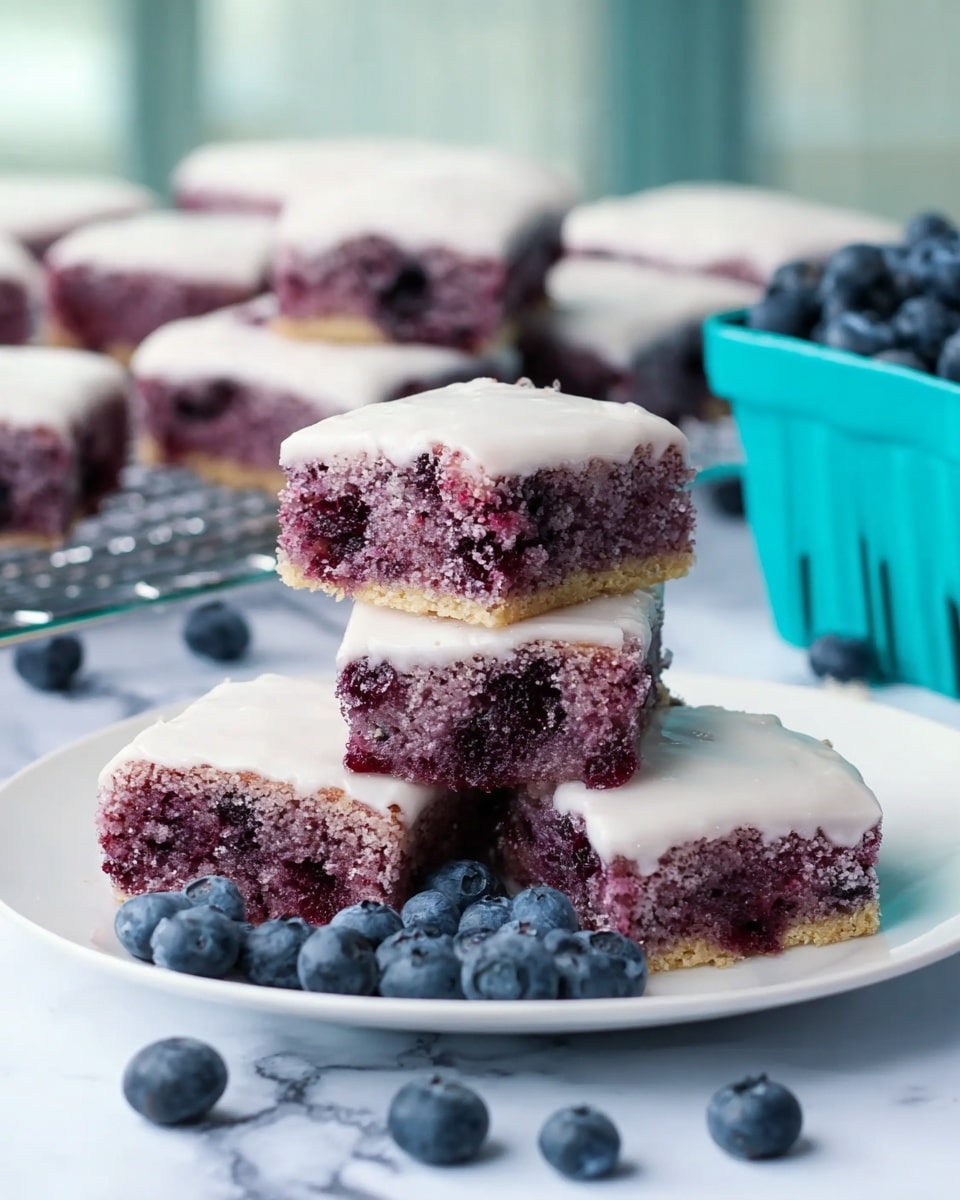 The image shows five square pieces of purple cake with a smooth white frosting layer on top, stacked neatly on a white plate. The cake pieces have a moist and crumbly texture, with the purple color clearly visible under the thin layer of white icing. Around the plate, there are scattered fresh blueberries, some loose on the white marbled textured surface and some in a white basket in the background. More pieces of the same cake are cooling on a wire rack slightly blurred in the background. Photo taken with an iphone --ar 4:5 --v 7