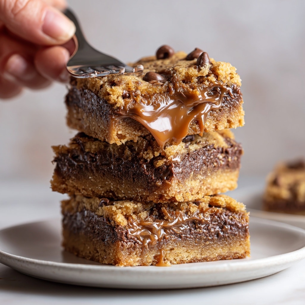 The image shows thick, square bars with three visible layers: a top golden-brown cookie layer with small chocolate chips, a middle gooey layer of melted caramel and chocolate chips mixing into a rich, dark brown chocolate layer, and a bottom soft cookie base slightly darker than the top. The bars have rough, cracked surfaces and look soft and chewy inside, with some gooey caramel oozing out. A close-up of one square bar being held by a woman's hand with a fork shows the same sticky textures and rich layers clearly. The bars are placed on a white plate over a white marbled surface. photo taken with an iphone --ar 4:5 --v 7