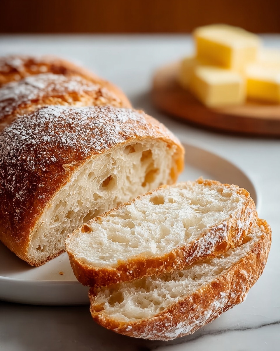 The image shows a close-up of a loaf of rustic bread with a golden-brown crust dusted lightly with flour. One thick slice is cut from the loaf and placed in front, showing the light, airy, and soft white inside with an open crumb structure. Behind the loaf, there is a small white plate with a few blocks of yellow butter. The scene is set on a white marbled surface with soft, natural lighting highlighting the textures of the bread. photo taken with an iphone --ar 4:5 --v 7