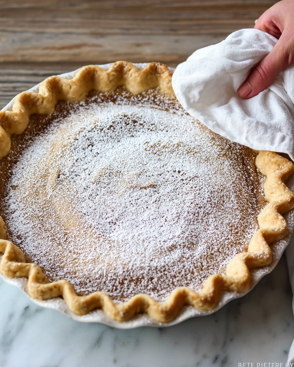 A whole round pie in a white pie dish, with a golden brown crust that is crimped around the edges, forming a wavy pattern. The pie surface is smooth with a dusting of white powdered sugar evenly spread on top, giving a snowy look. A woman's hand holding a white cloth is gently gripping one side of the pie dish at the top right corner of the image. The pie dish is placed on a white marbled surface. Photo taken with an iphone --ar 4:5 --v 7