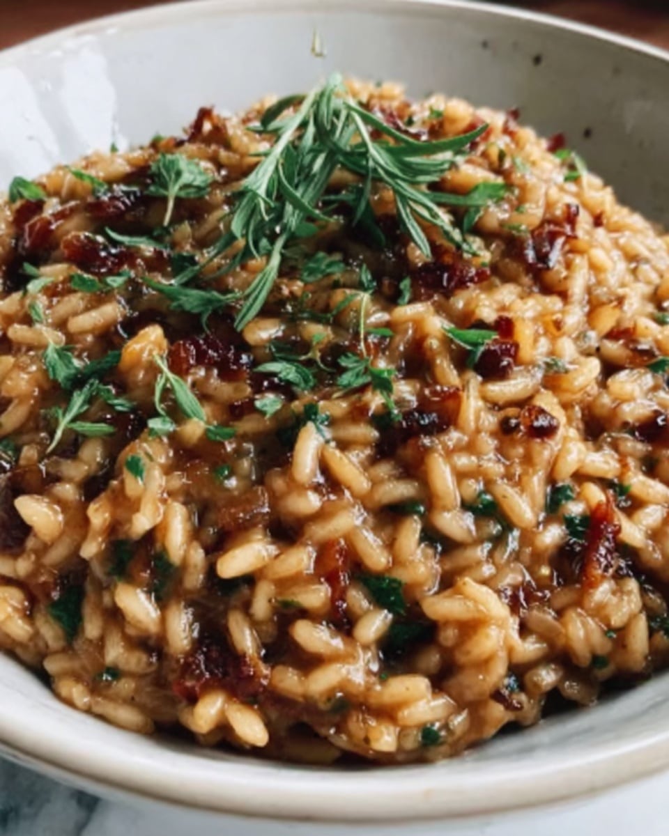 A close-up view of a white bowl filled with a thick, creamy risotto that shows many short grains of rice cooked in a rich, brown-orange sauce. The risotto has small bits of finely chopped herbs, likely parsley or thyme, scattered on top, adding touches of green. The texture looks smooth and slightly shiny with some small chunks mixed in, giving it a hearty, comforting look. The bowl sits on a white marbled surface. Photo taken with an iphone --ar 4:5 --v 7